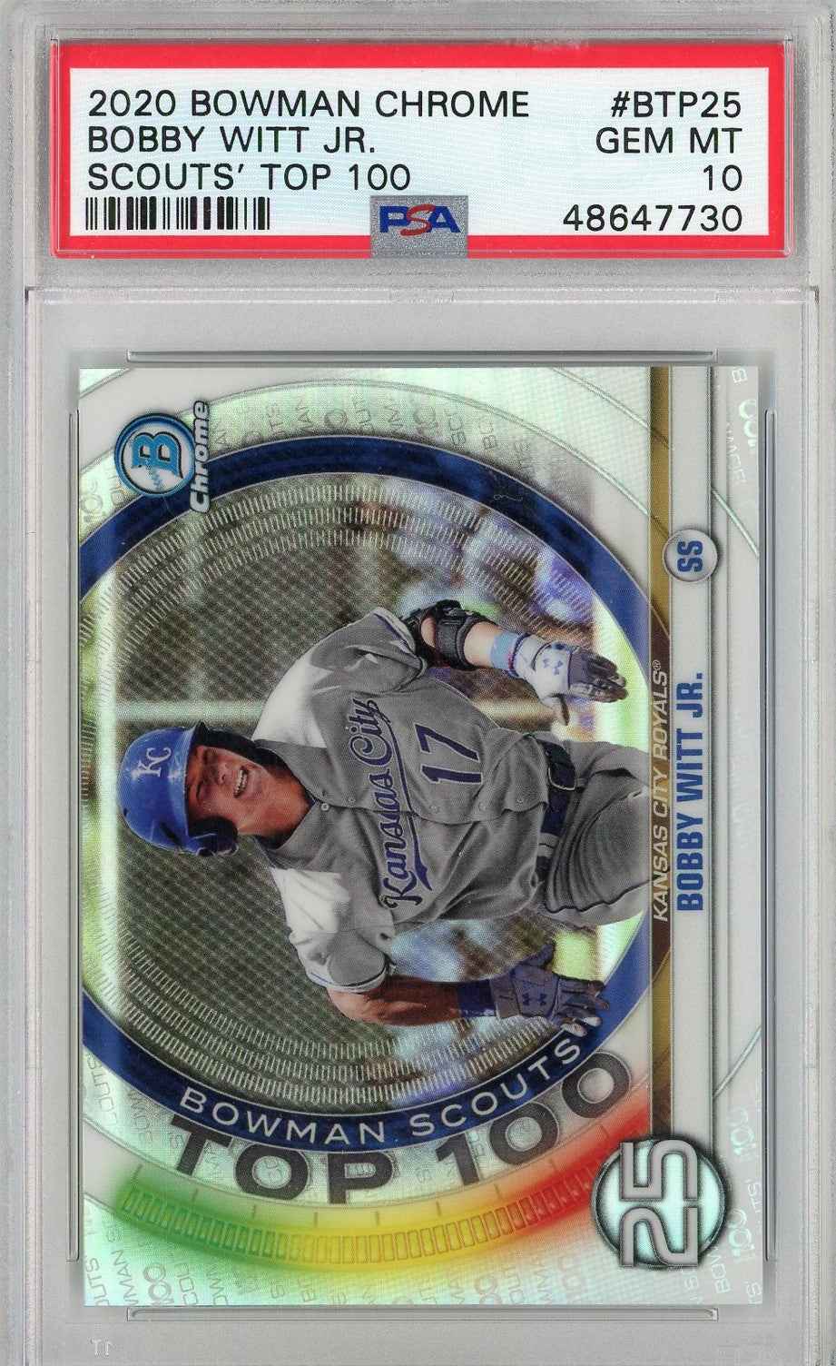Graded 2020 Bowman Chrome Bobby Witt Jr #BTP25 Scouts Top 100 Rookie RC Baseball Card PSA 10 Gem Mint