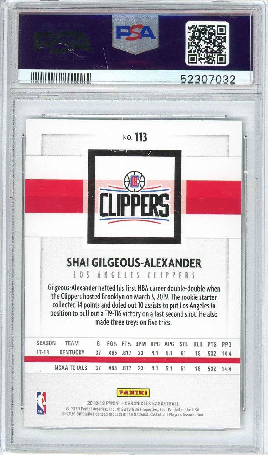 Graded 2018 Panini Chronicles Shai Gilgeous-Alexander #113 Rookie RC Basketball Card PSA 10 Gem Mint