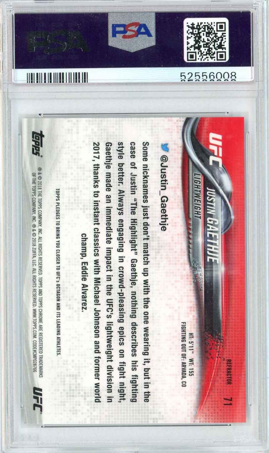 Graded 2018 Topps Chrome Justin Gaethje #71 Refractor Rookie RC UFC MMA Card PSA 10 Gem Mint