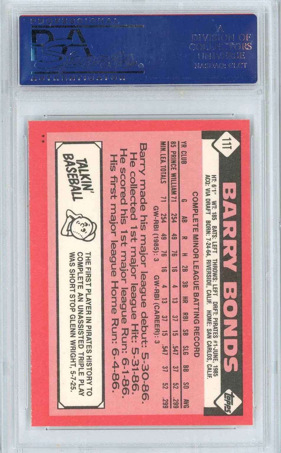 Graded 1986 Topps Traded Barry Bonds #11T Rookie RC Baseball Card PSA 9 Mint