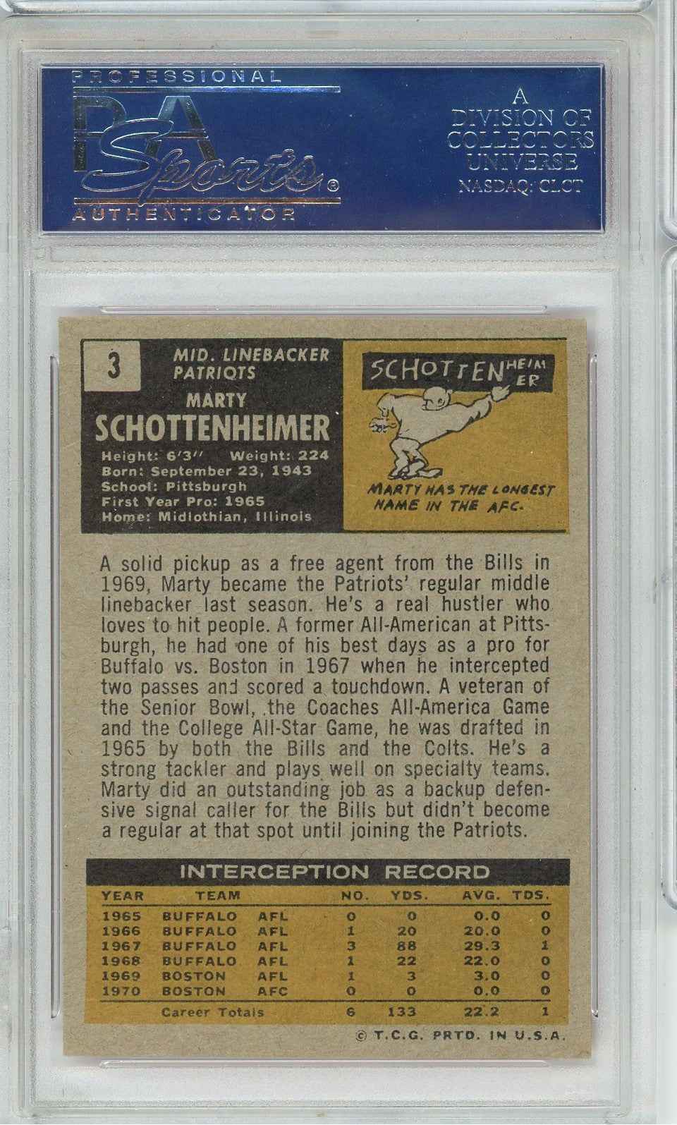 Graded 1971 Topps Marty Schottenheimer #3 Rookie RC Football Card PSA 6 EX-MT