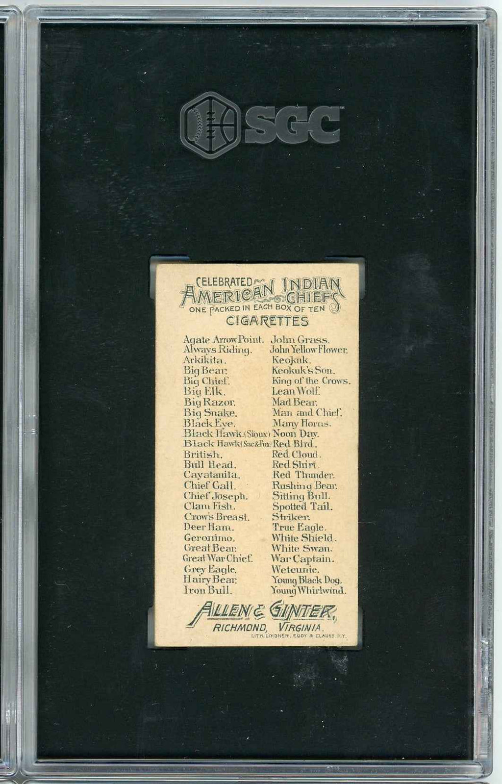 Graded 1888 Allen & Ginter American Indian Chiefs N2 Geronimo Baseball Tobacco Card SGC 5 Excellent