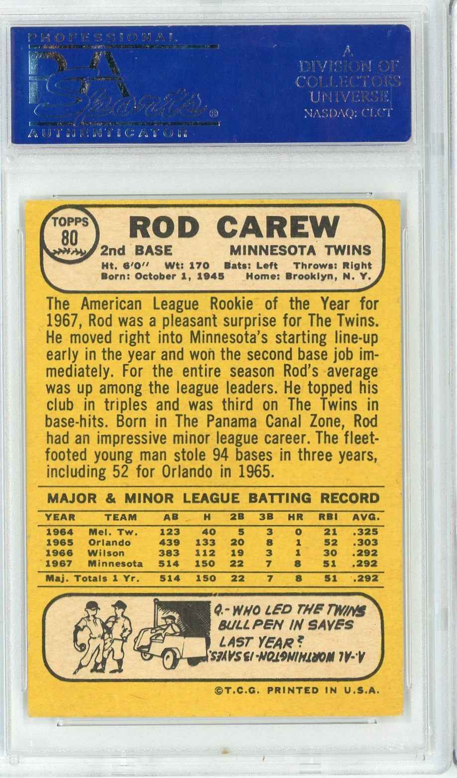 Graded 1968 Topps Rod Carew #80 2nd Year Rookie Cup Baseball Card PSA 6 EX-MT