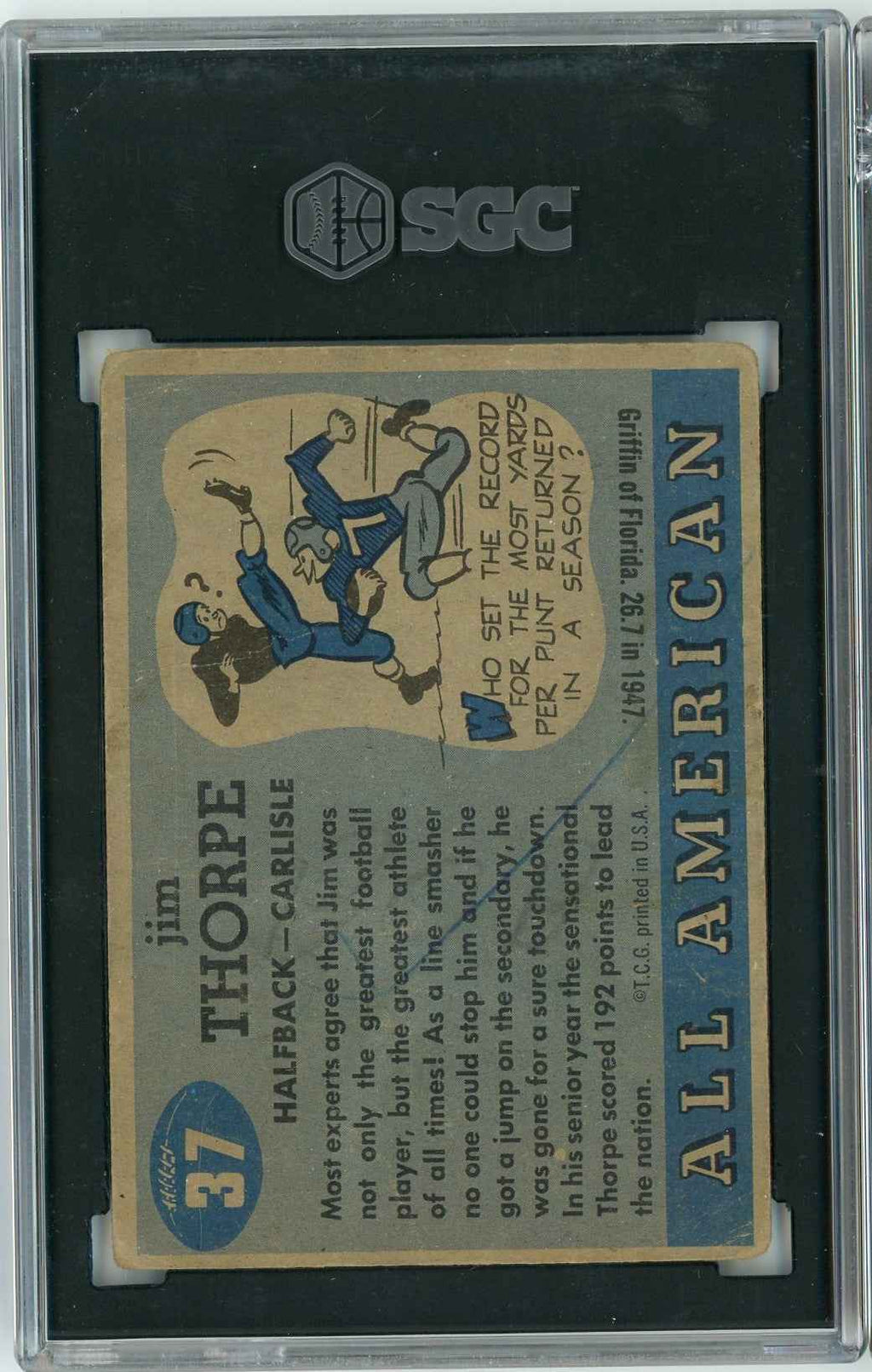 Graded 1955 Topps All American Jim Thorpe #37 Football Card SGC 1