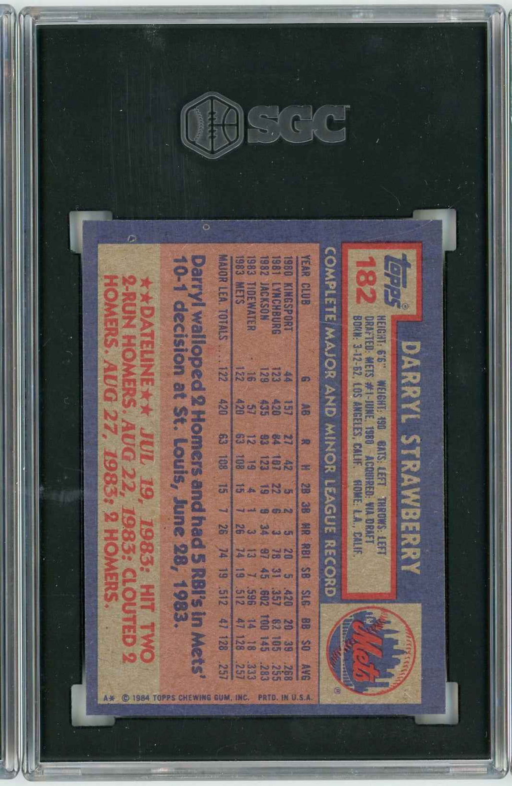 Graded 1984 Topps Darryl Strawberry #182 Rookie RC Baseball Card SGC 7.5