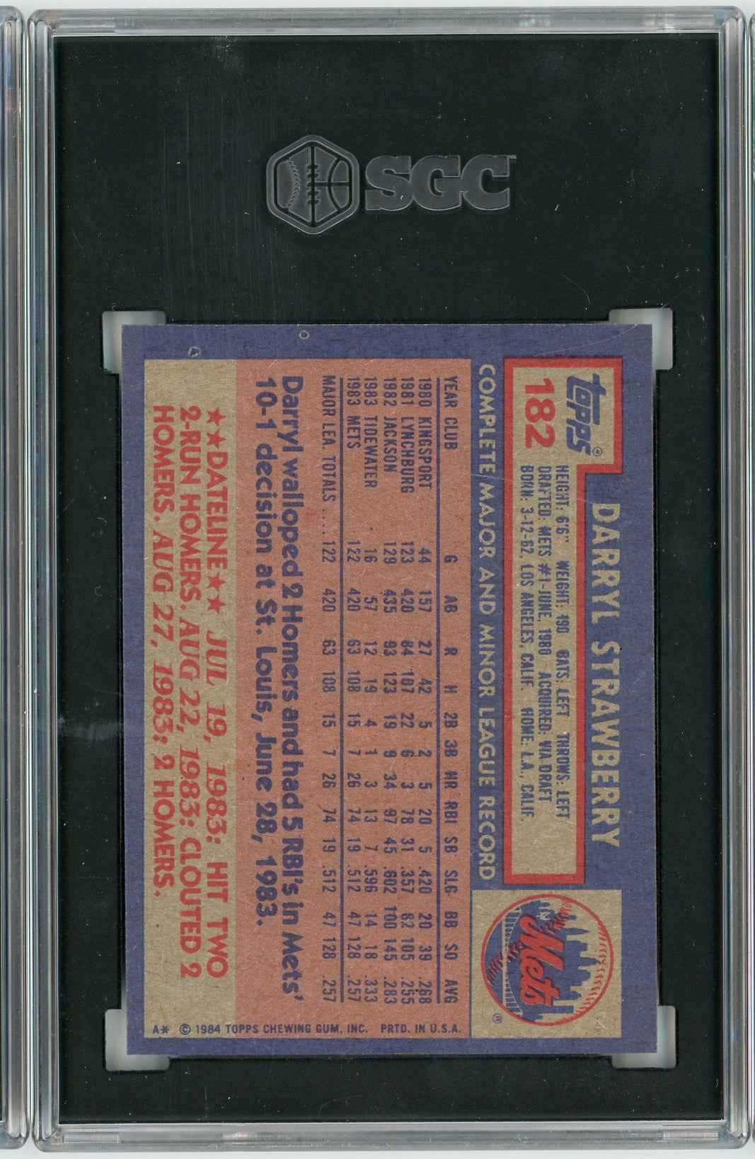 Graded 1984 Topps Darryl Strawberry #182 Rookie RC Baseball Card SGC 7.5