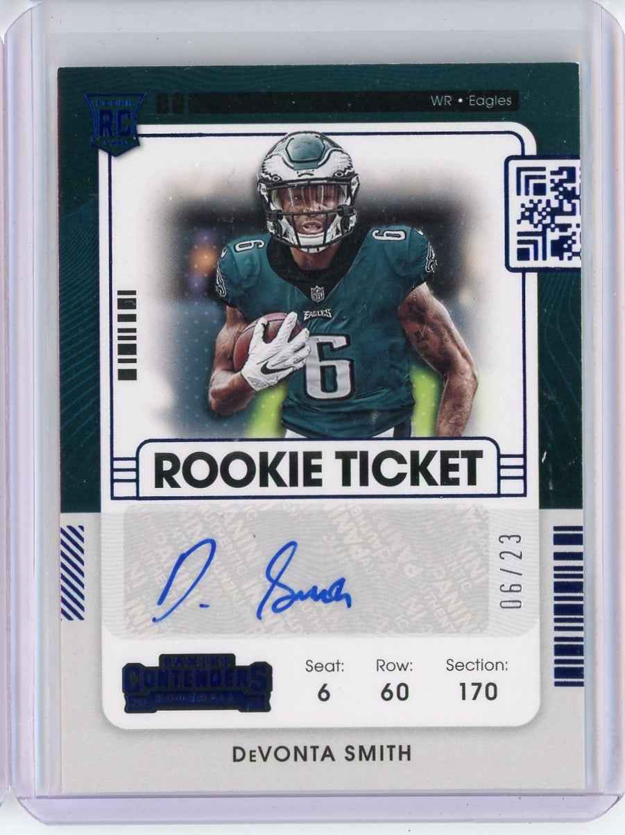 2021 Panini Contenders Blue Variation Rookie Ticket Devonta Smith #107 Jersey Number 6/23 Auto Rookie RC Football Card