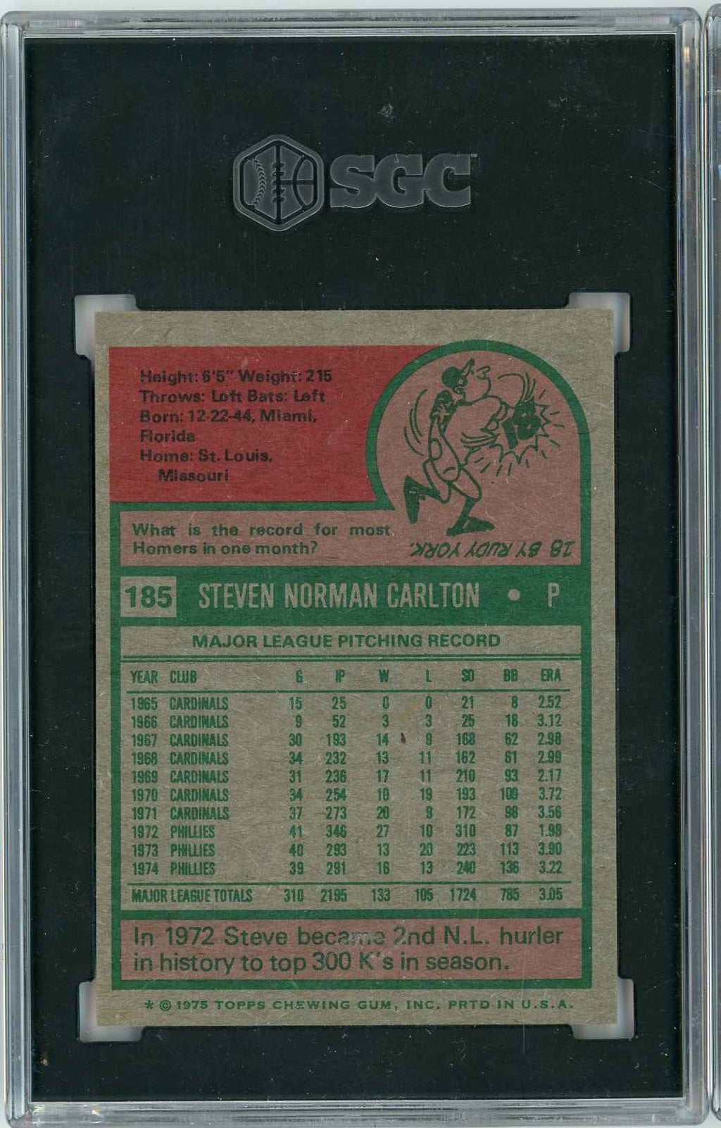 Graded 1975 Topps Steve Carlton #185 Baseball Card SGC 8 NM-MT