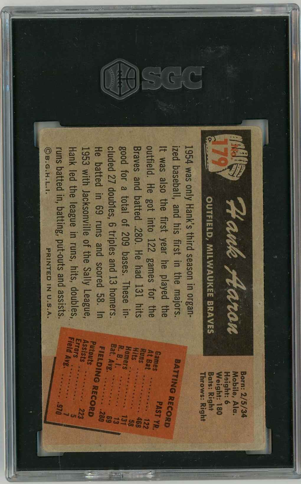 Graded 1955 Bowman Hank Aaron #179 2nd Year First Bowman Baseball Card SGC 1