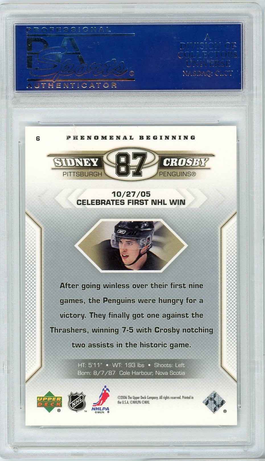 Graded 2005-06 Upper Deck Sidney Crosby #6 Phenomenal Beginnings Rookie RC Hockey Card PSA 10 Gem Mint
