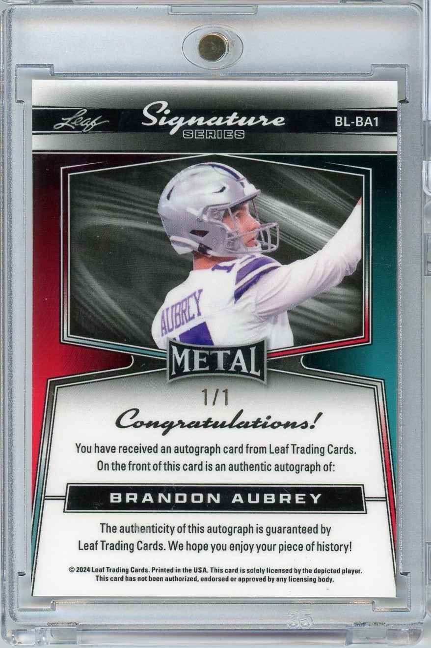 2024 Leaf Metal Signature Series Brandon Aubrey #BLBA1 1/1 Auto Dallas Cowboys Football Card