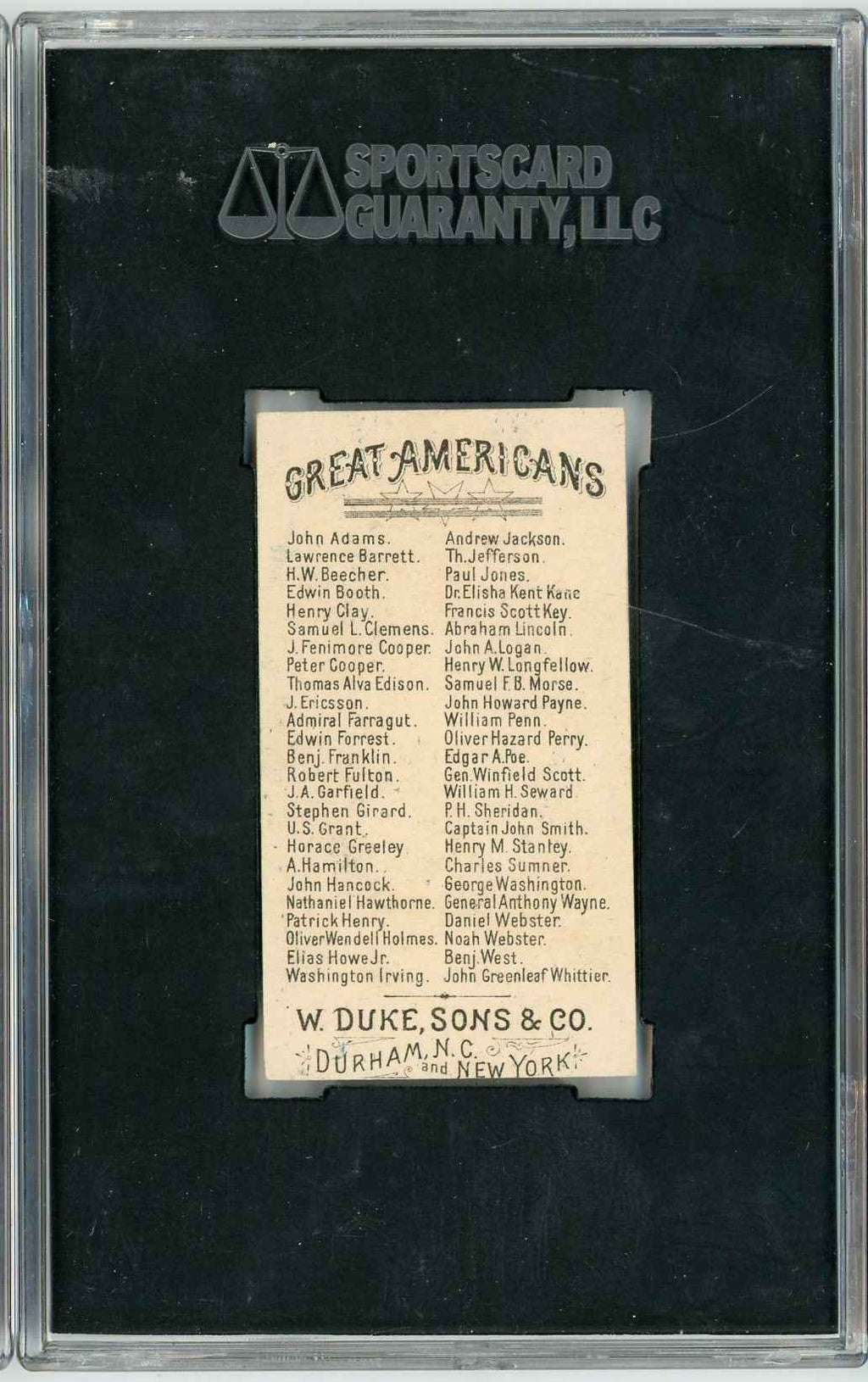 Graded 1888 N76 W. Duke, Sons & Co. Great Americans #CS Charles Sumner Baseball Tobacco Card SGC 4