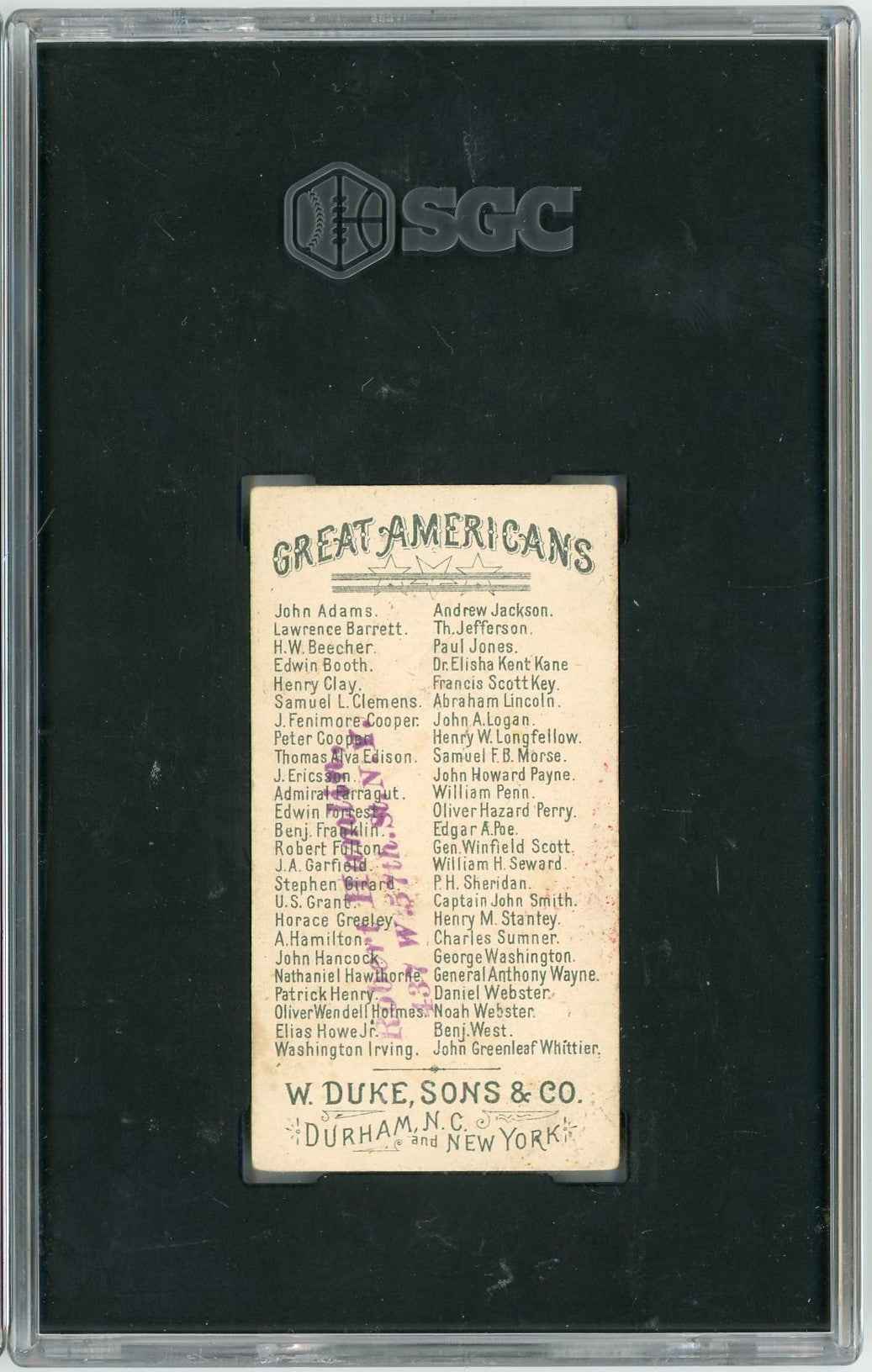 Graded 1888 N76 W. Duke, Sons & Co. Great Americans #DW Daniel Webster Baseball Tobacco Card SGC 2