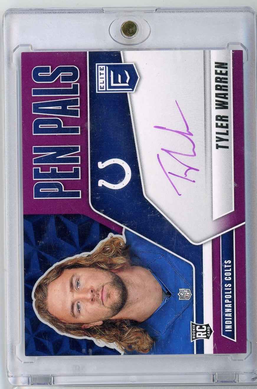 2025 Donruss Elite Pen Pals Purple Tyler Warren #PPTWA Purple Auto Rookie RC Football Card