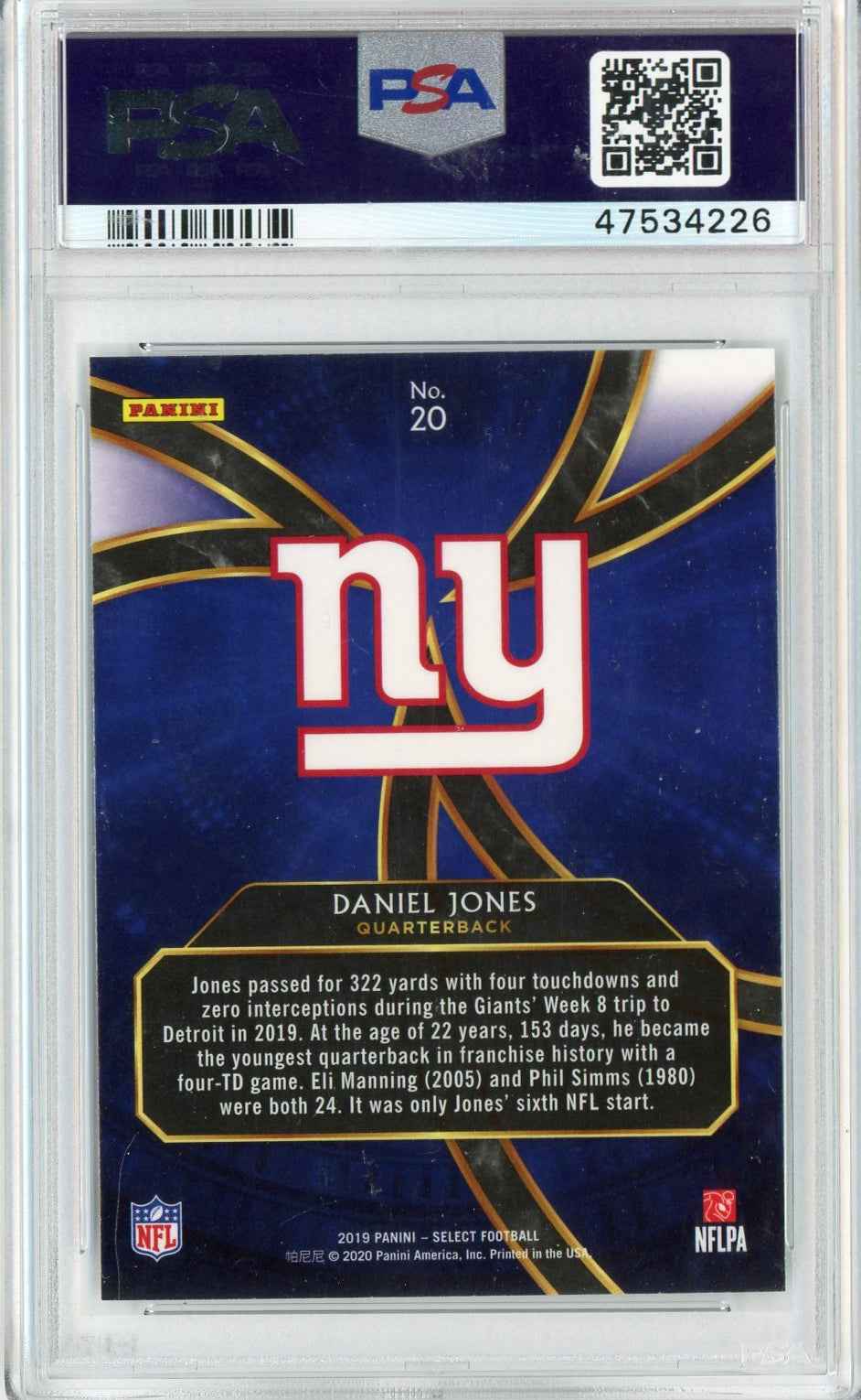 Graded 2019 Panini Select Daniel Jones #20 Phenomenon Rookie RC Football Card PSA 10 Gem Mint
