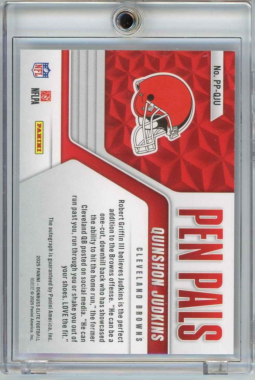 2025 Panini Donruss Elite Pen Pals Blue Quinshon Judkins #PPQJU Auto Cleveland Browns Rookie RC Football Card