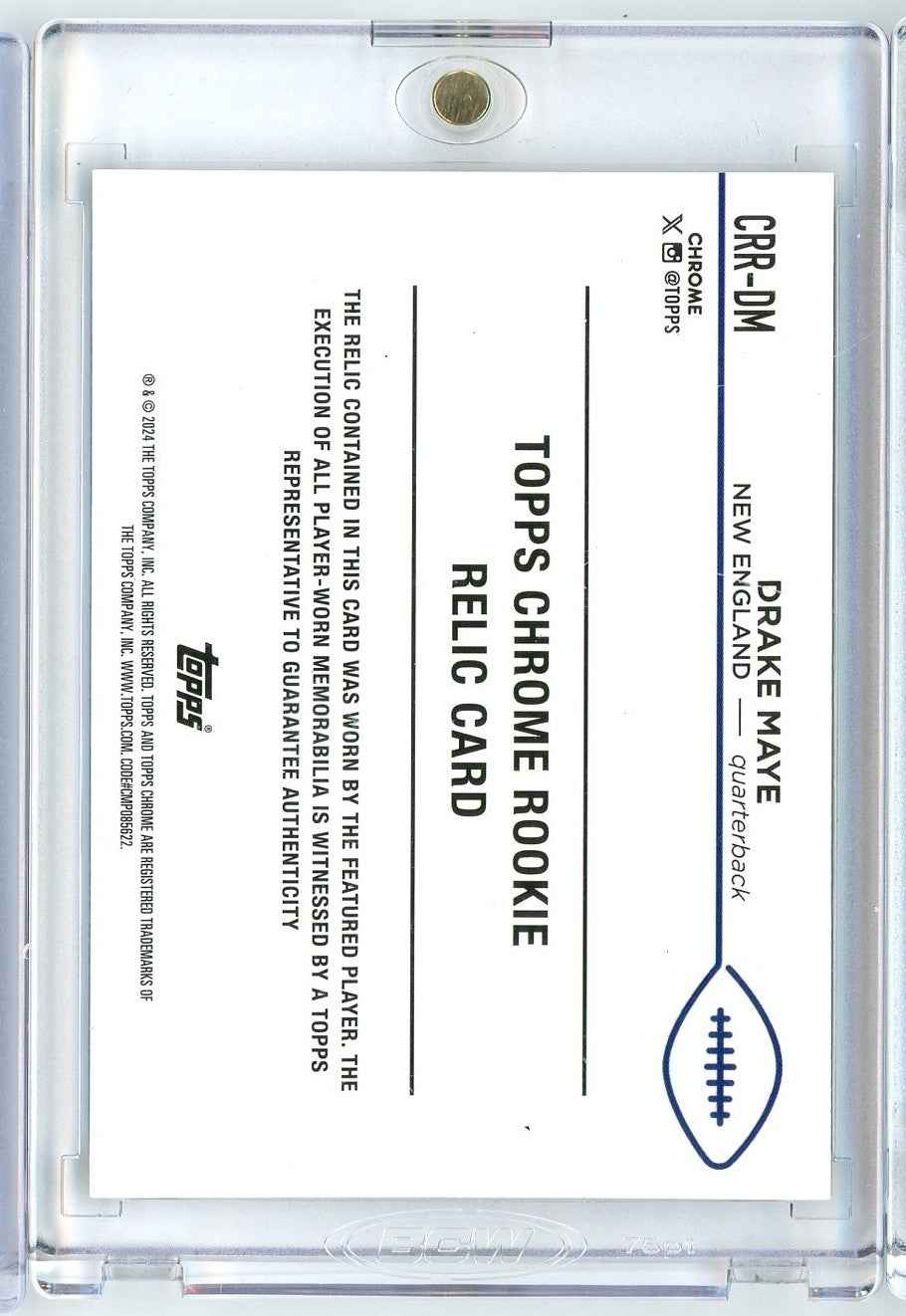 2024 Topps Chrome Rookie Relic Drake Maye #CRR-DM Player Worn Relic Rookie RC Football Card