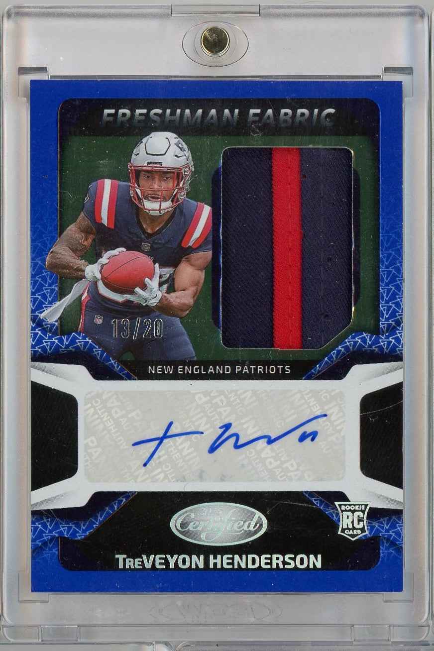 2025 Panini Certified Freshman Fabric TreVeyon Henderson #FBCTHN /20 Relic Auto New England Patriots Rookie RC Football Card