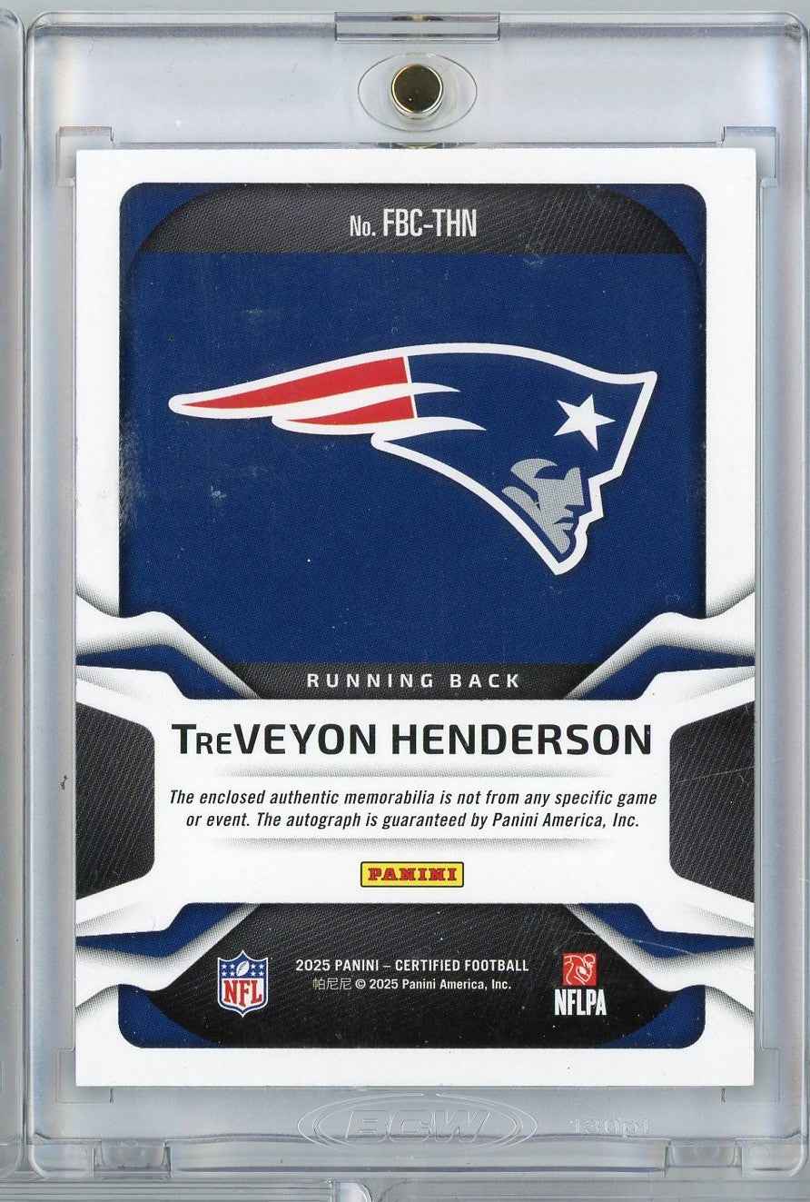 2025 Panini Certified Freshman Fabric TreVeyon Henderson #FBCTHN /20 Relic Auto New England Patriots Rookie RC Football Card