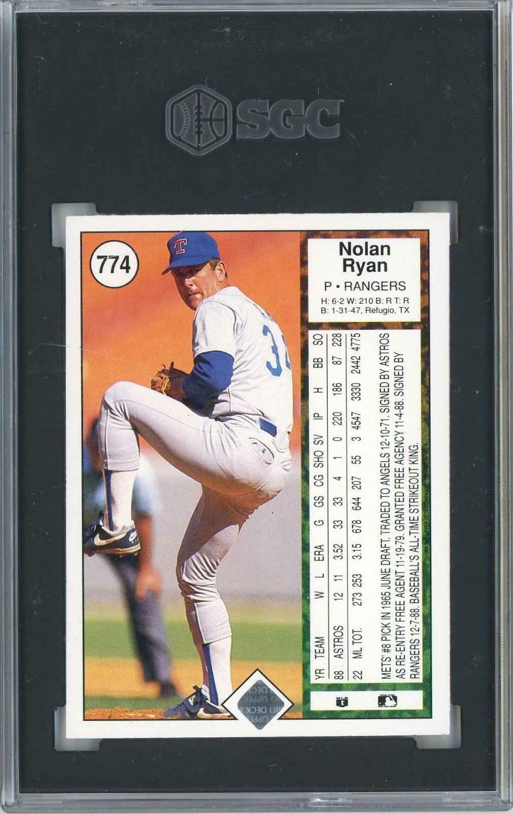 Graded 1989 Upper Deck Nolan Ryan Throwing Football #774 Baseball Card SGC 9 Mint