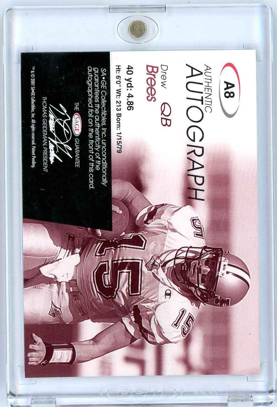 2001 Sage SA-GE Authentic Autographs Drew Brees #A8 /749 Rookie RC Football Card