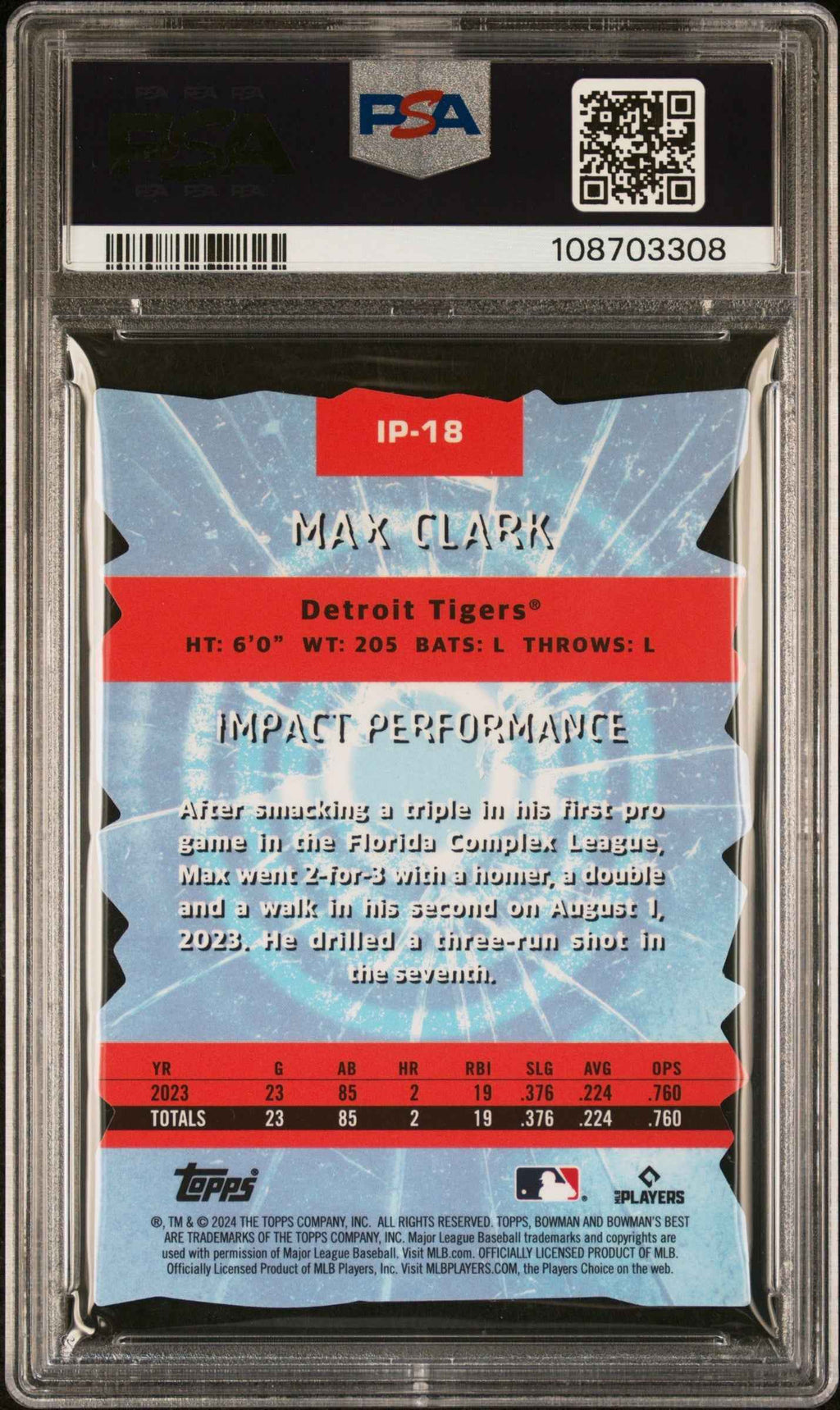 Graded 2024 Topps Bowmans Best Max Clark #IP18 Impact Players Mini Diamond Rookie RC Baseball Card PSA 10 Gem Mint