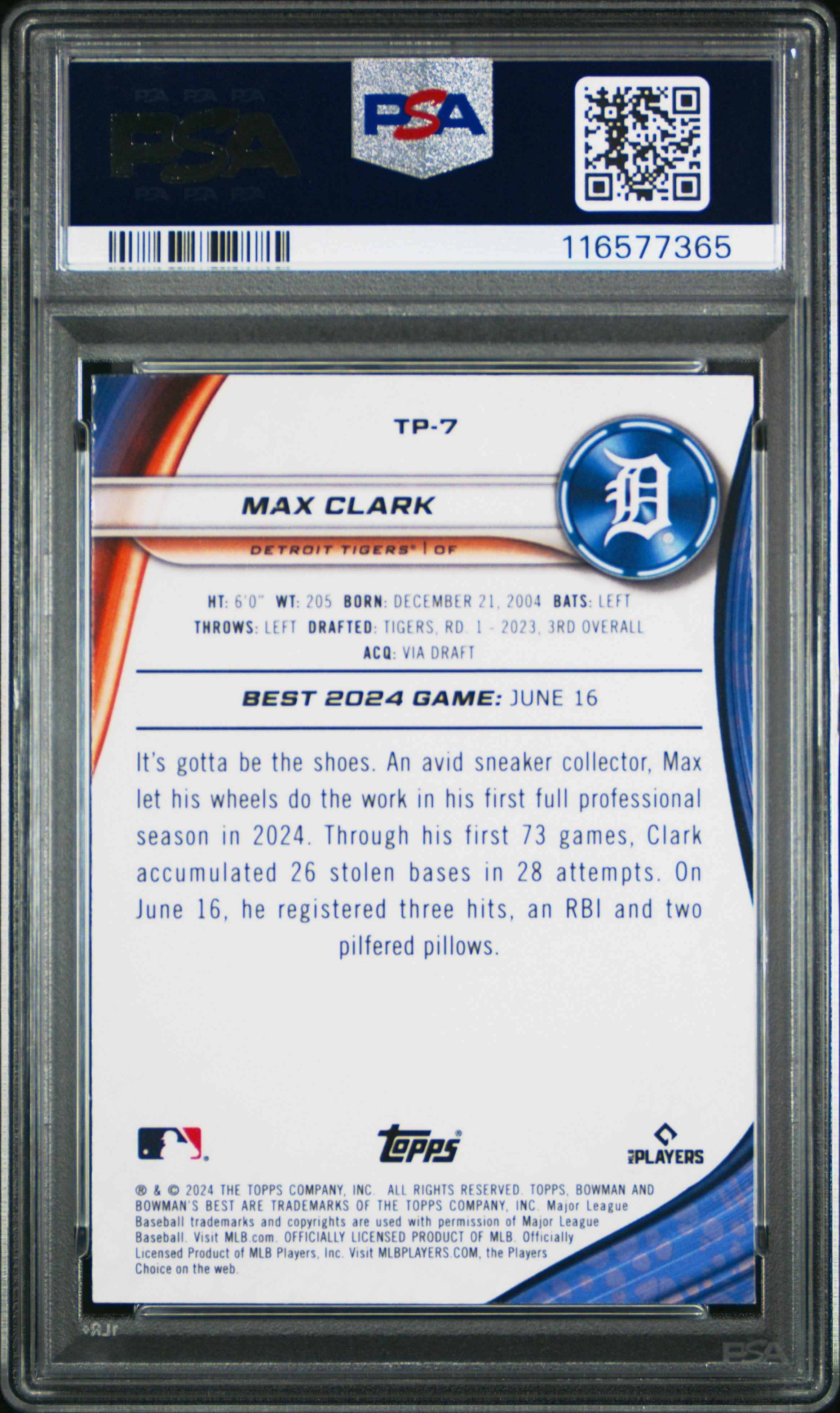 Graded 2024 Topps Bowmans Best Max Clark #TP7 Top Prospects Rookie RC Baseball Card PSA 10 Gem Mint