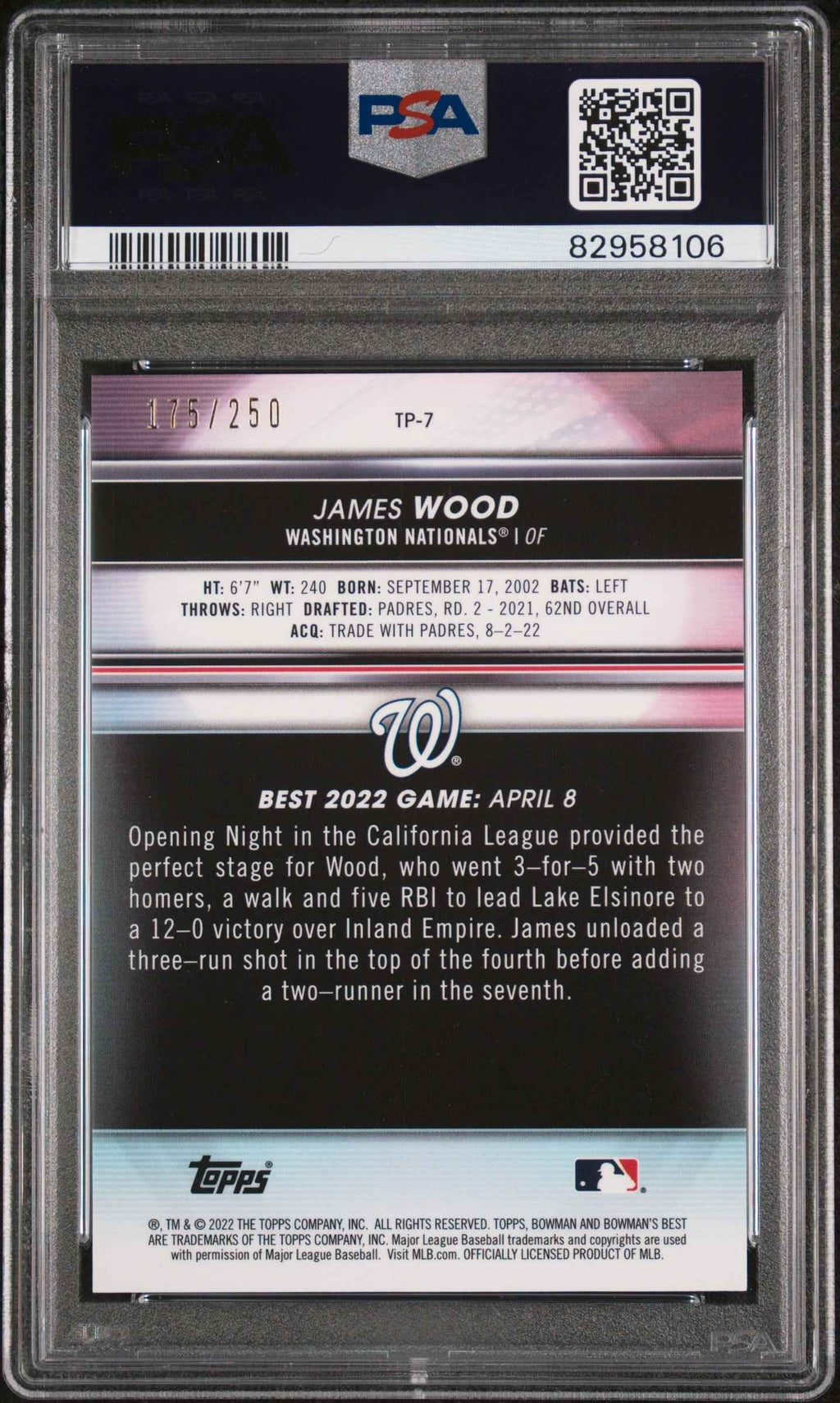 Graded 2022 Topps Bowmans Best James Wood #TP7 Top Prospects Purple Ref Rookie RC Baseball Card PSA 10 Gem Mint
