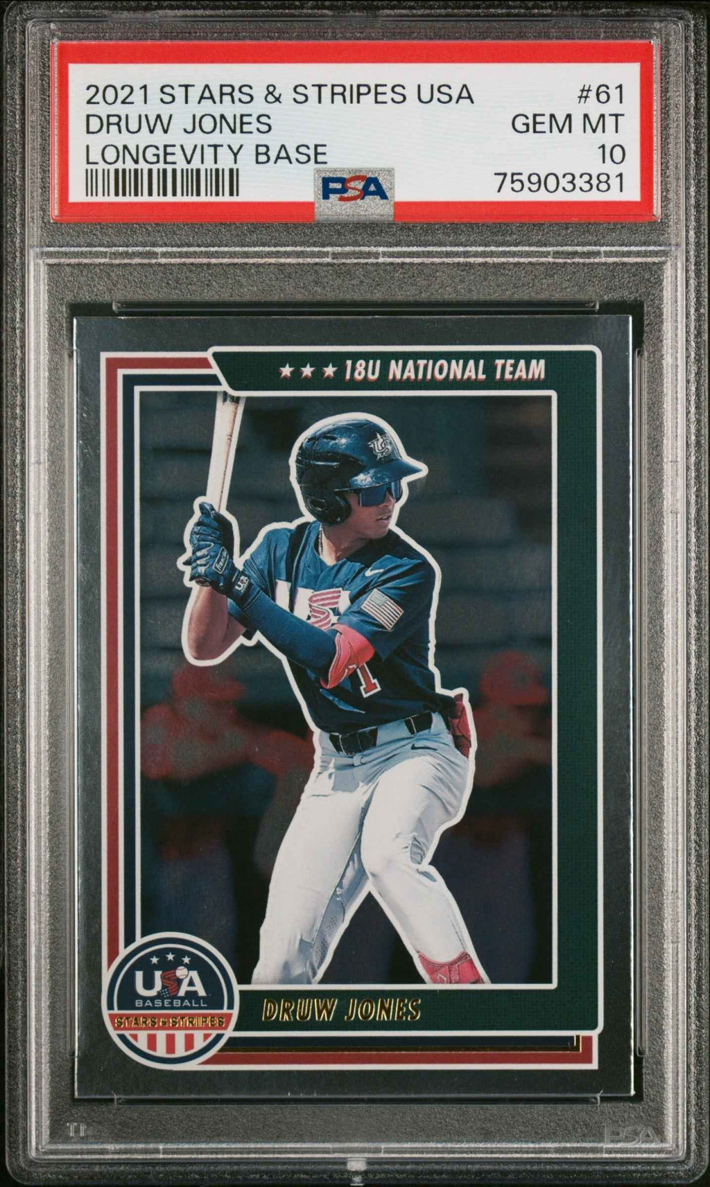 Graded 2021 Panini Stars & Stripes USA Druw Jones #61 Longevity Base Rookie RC Baseball Card PSA 10 Gem Mint