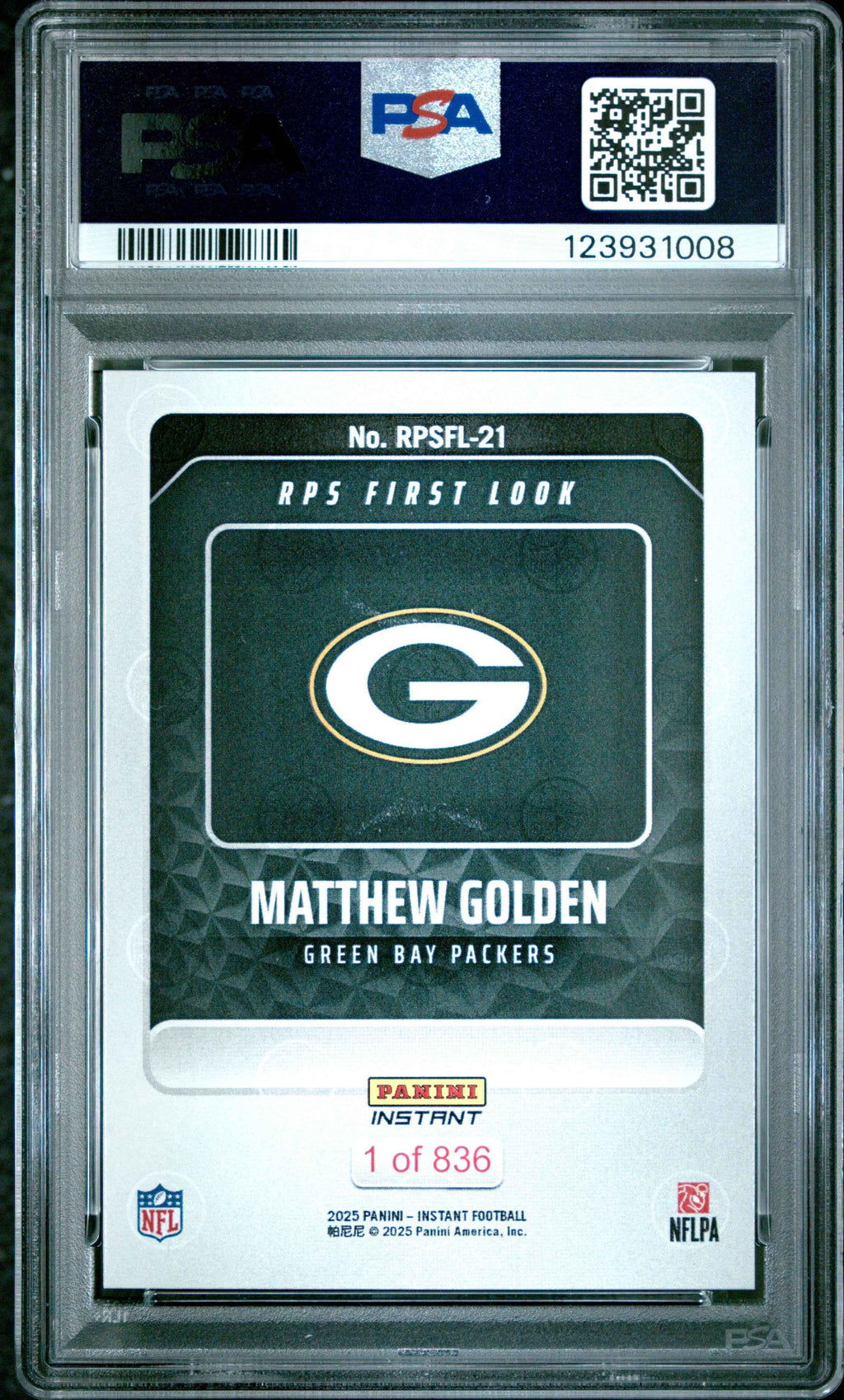 Graded 2025 Panini Instant Matthew Golden #RPSFL21 RPS First Look Rookie RC Football Card PSA 10 Gem Mint
