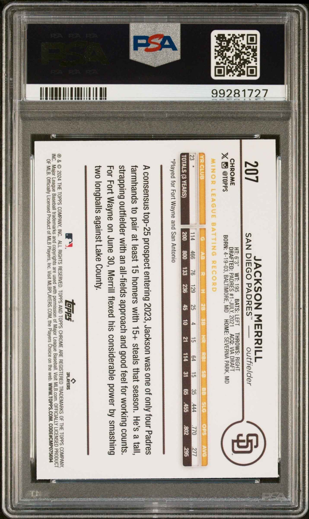 Graded 2024 Topps Chrome Jackson Merrill #207 Rookie RC Baseball Card PSA 9 Mint