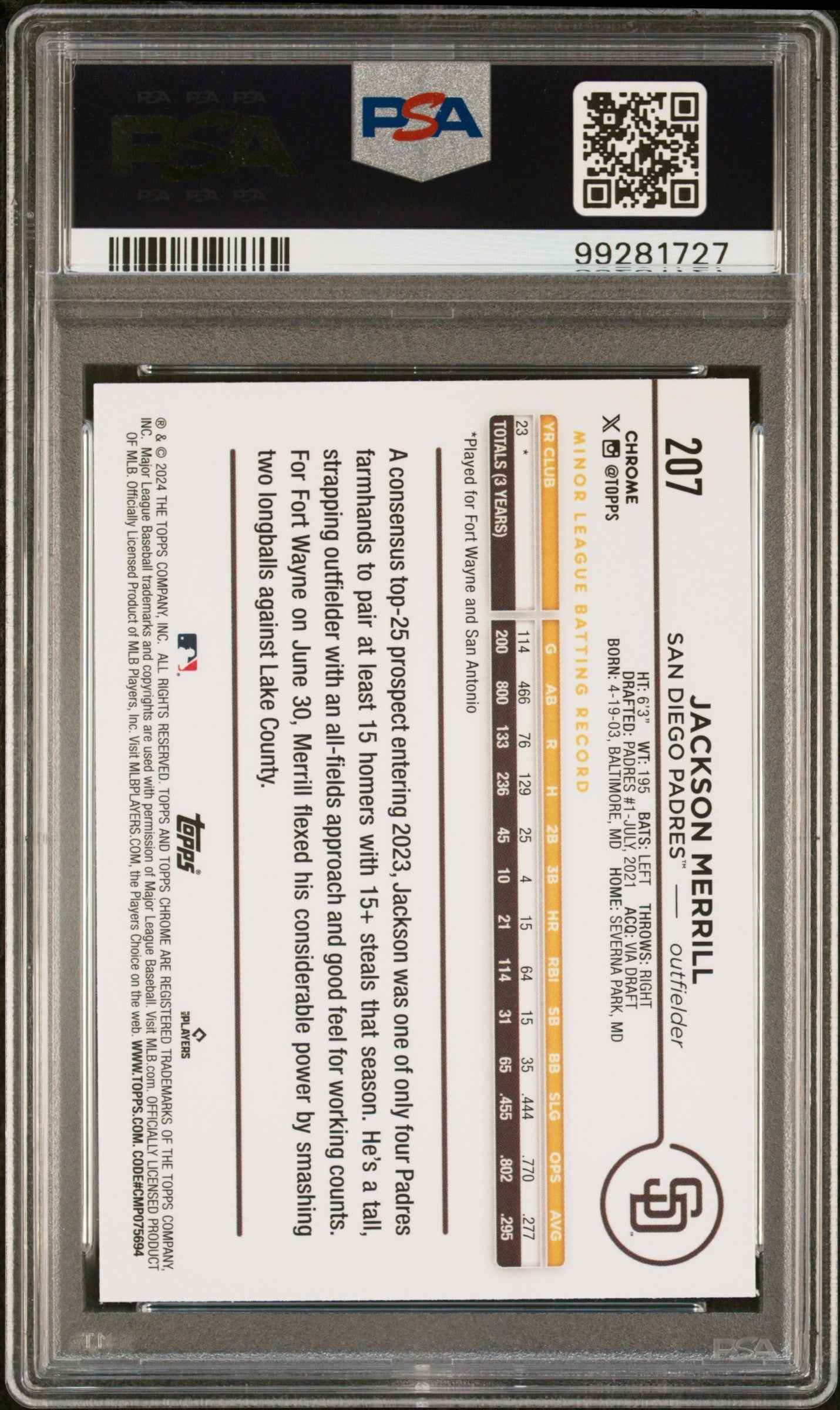 Graded 2024 Topps Chrome Jackson Merrill #207 Rookie RC Baseball Card PSA 9 Mint
