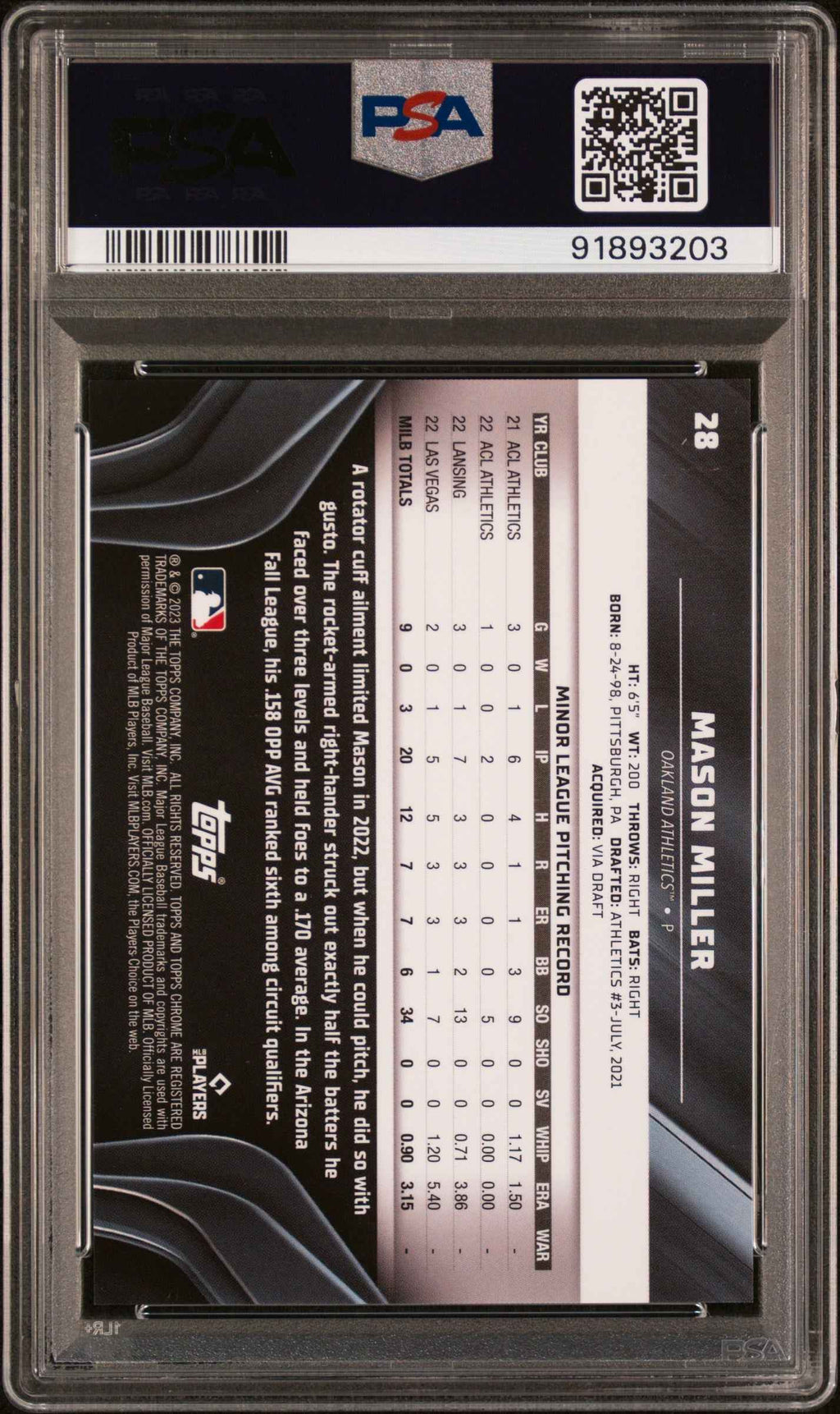 Graded 2023 Topps Chrome Black Mason Miller #28 Green Wave #/99 Rookie RC Baseball Card PSA 10 Gem Mint