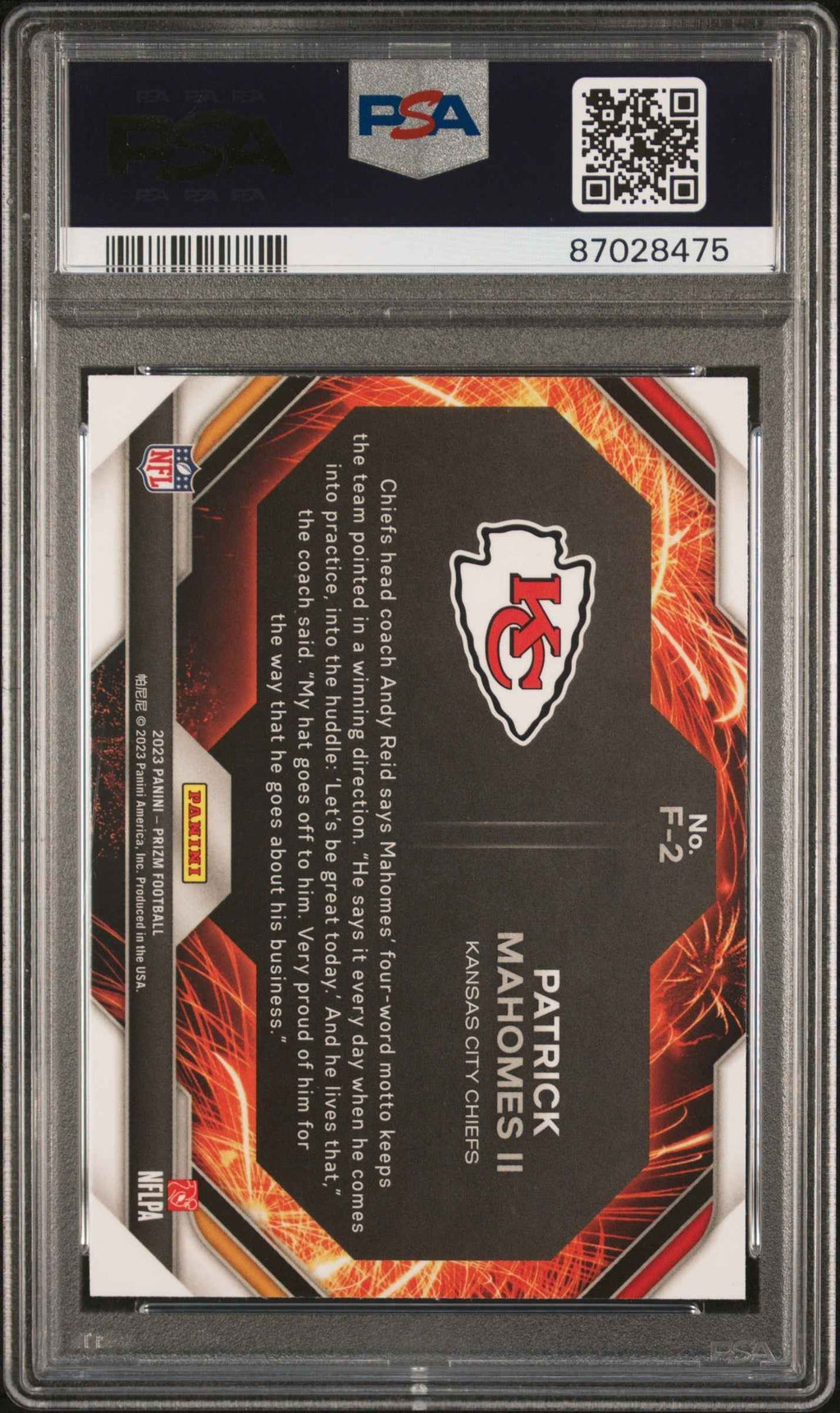 Graded 2023 Panini Prizm Patrick Mahomes II #F2 Fireworks Football Card PSA 10 Gem Mint
