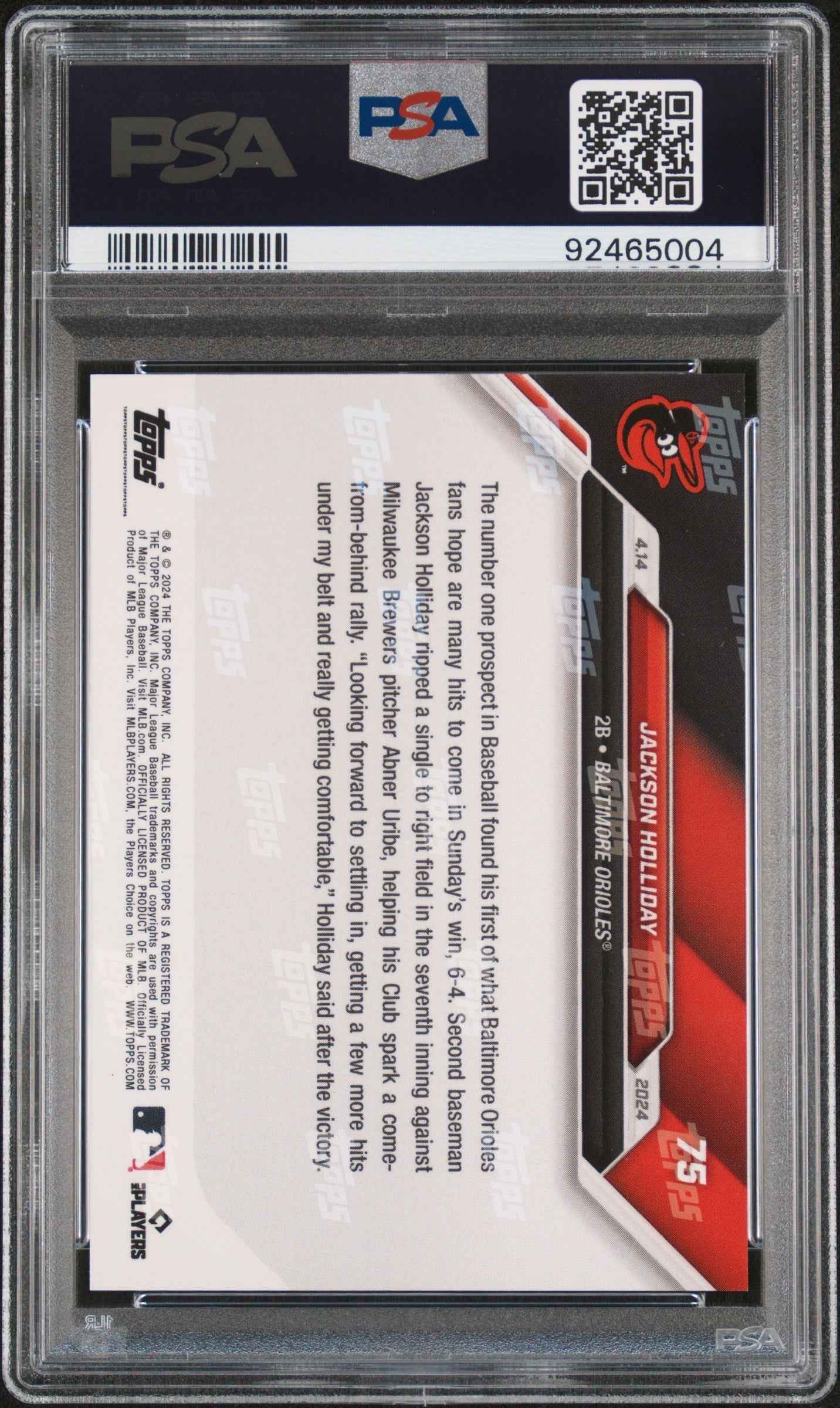 Graded 2024 Topps Now Jackson Holliday #75 Blue #/49 Rookie RC Baseball Card PSA 10 Gem Mint