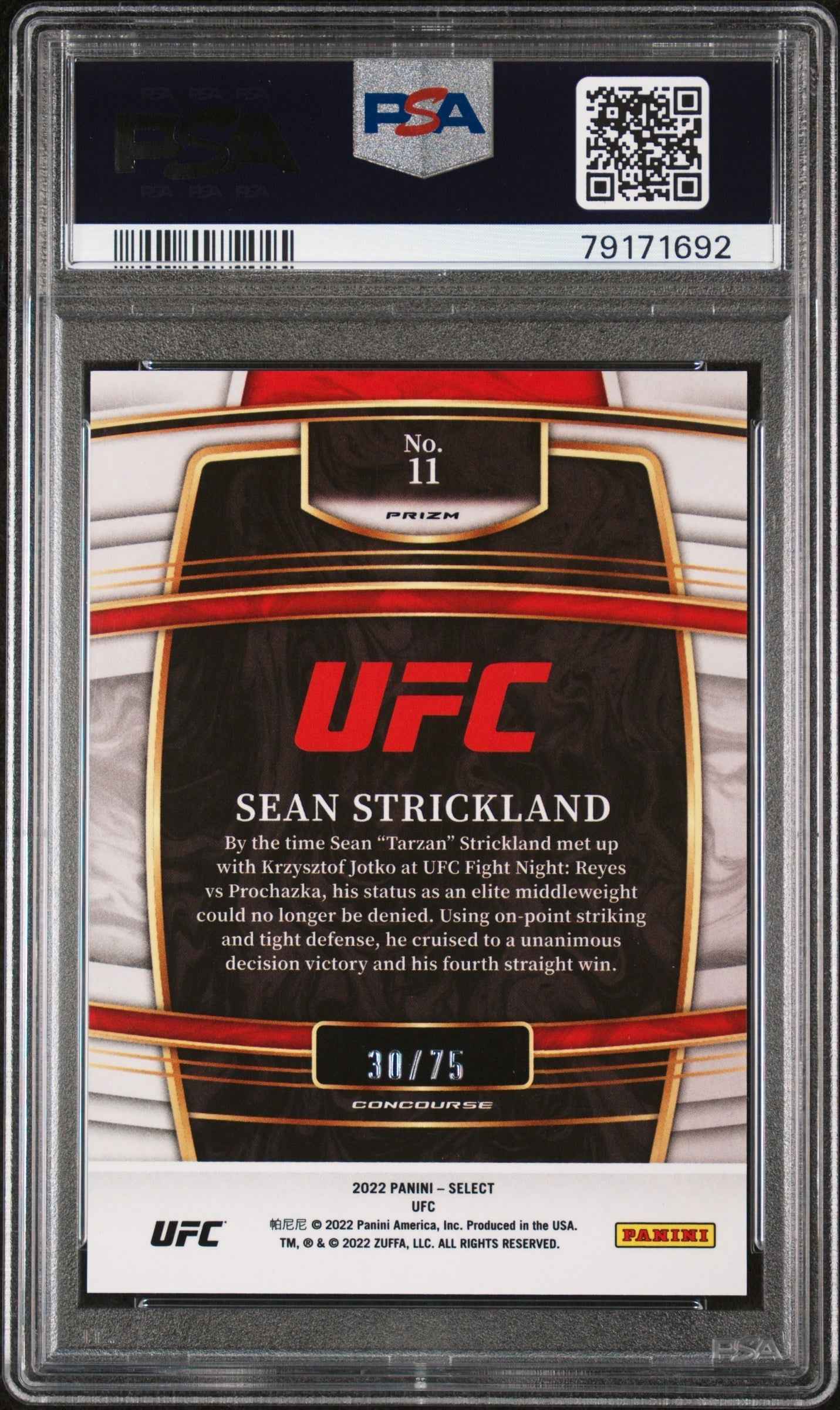 Graded 2022 Panini Select UFC Sean Strickland #11 White Prizm /75 Rookie RC UFC MMA Card PSA 10 Gem Mint