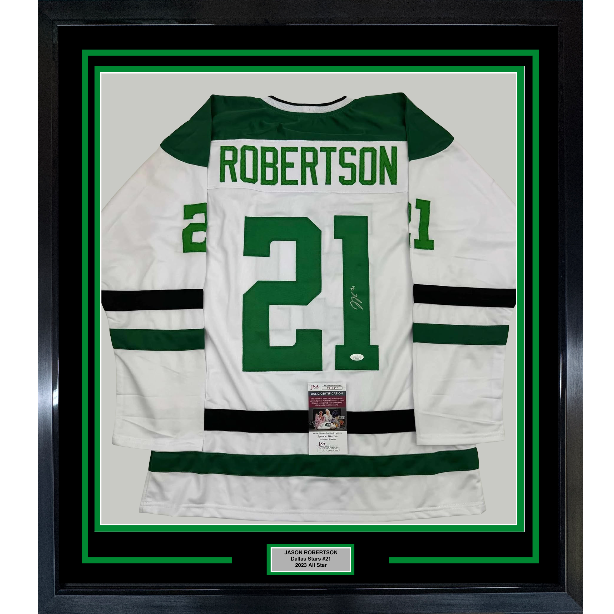Framed Autographed/Signed Jason Robertson 35x39 Dallas White Hockey Jersey JSA COA