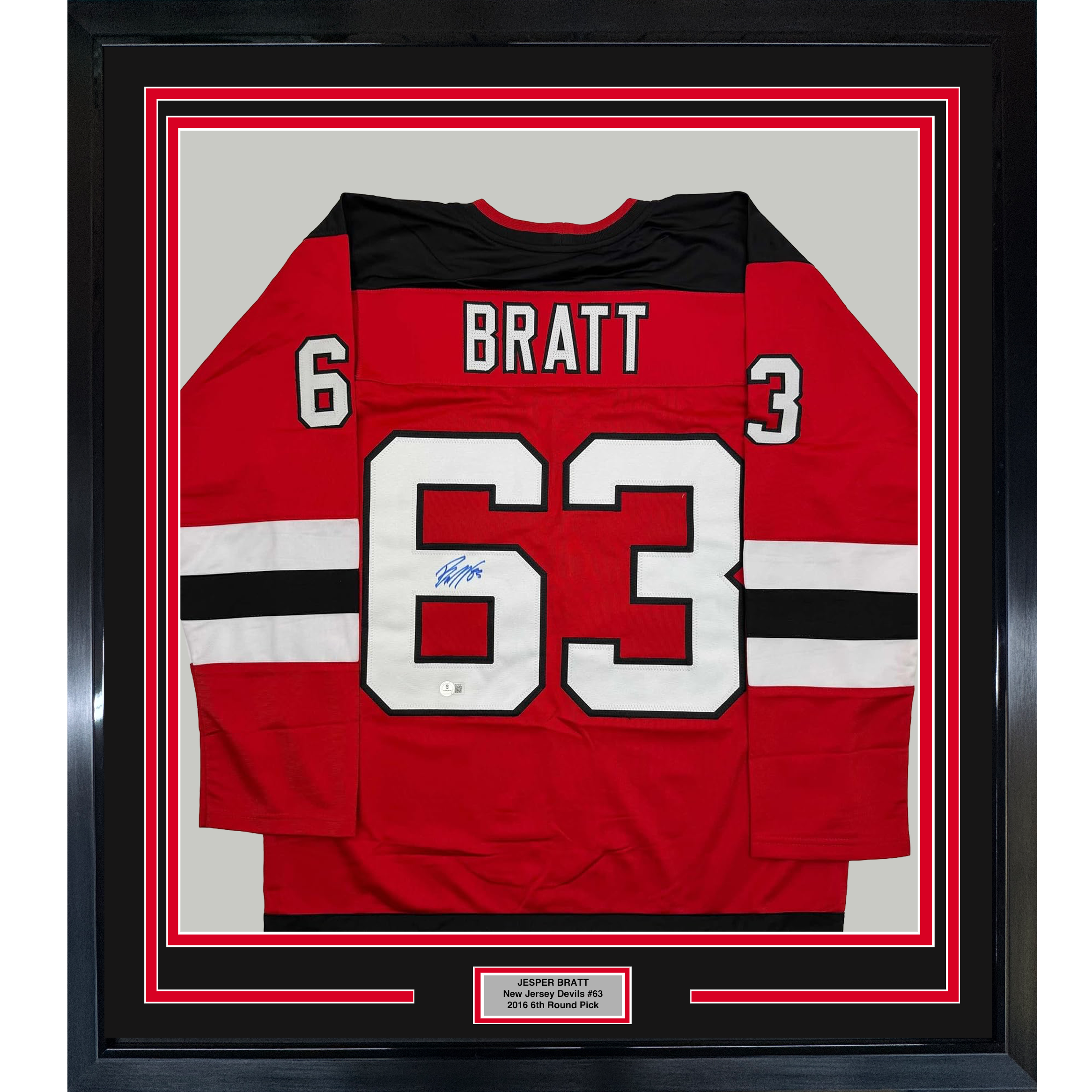 Framed Autographed/Signed Jesper Bratt 35x39 New Jersey Red Hockey Jersey Beckett BAS COA