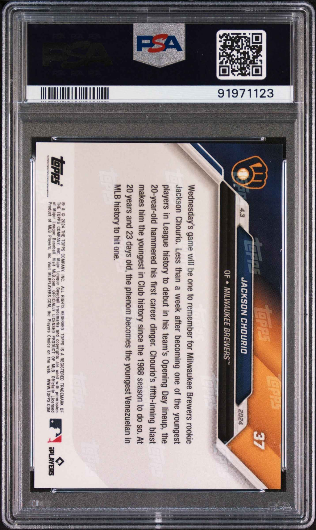 Graded 2024 Topps Now Jackson Chourio #37 First Career HR Rookie RC Baseball Card PSA 10 Gem Mint