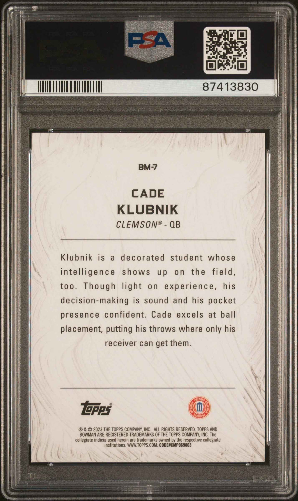Graded 2023 Topps Bowman U Best Cade Klubnik #BM7 Masterpieces Geometric Rookie RC Football Card PSA 10 Gem Mint