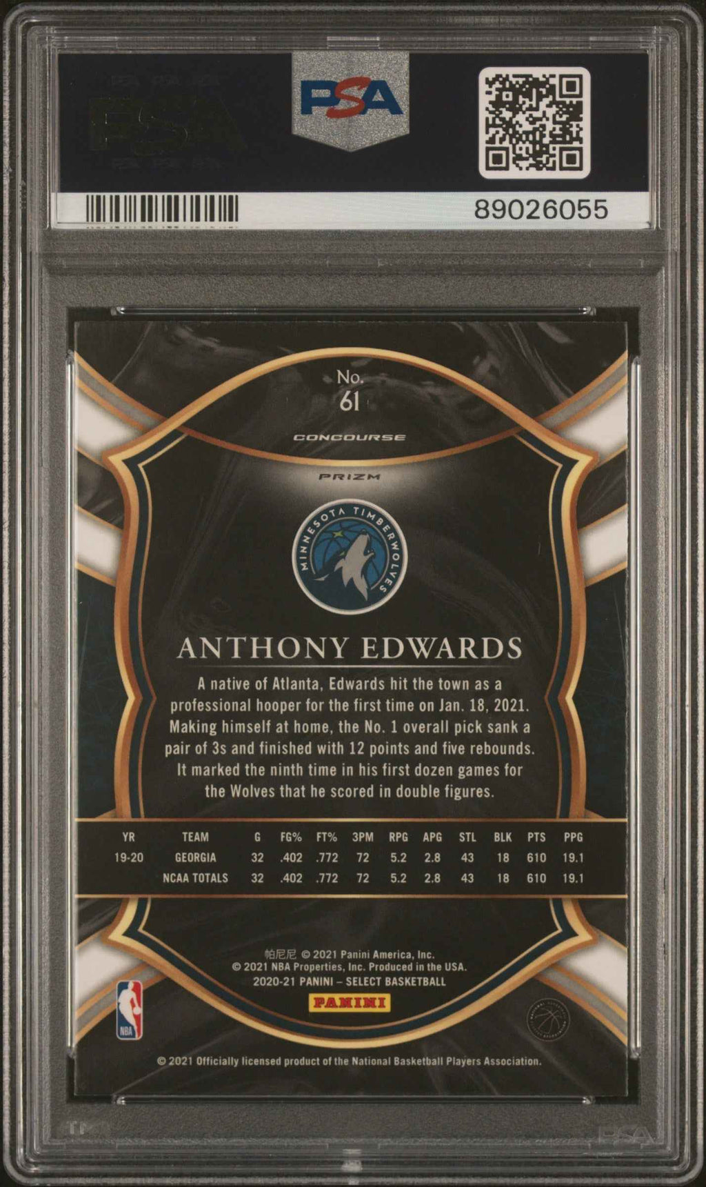Graded 2020-21 Panini Select Anthony Edwards #61 Blue Prizm Rookie RC Basketball Card PSA 10 Gem Mint