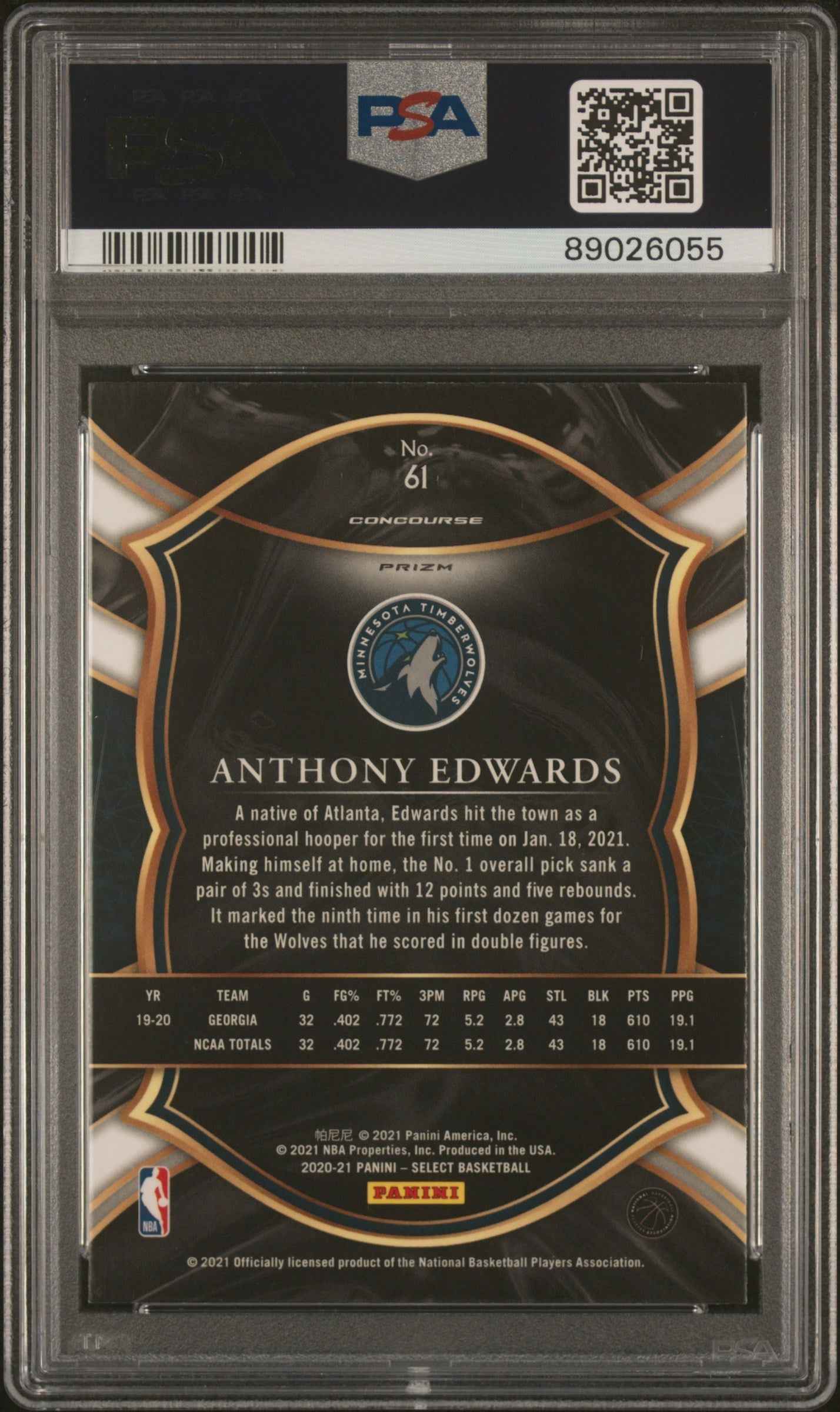 Graded 2020-21 Panini Select Anthony Edwards #61 Blue Prizm Rookie RC Basketball Card PSA 10 Gem Mint