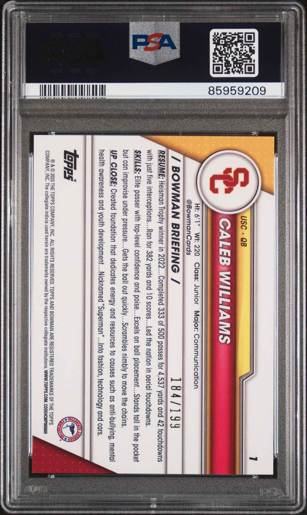 Graded 2023 Topps Bowman U Chrome Caleb Williams #1 Blue #/199 Rookie RC Football Card PSA 10 Gem Mint