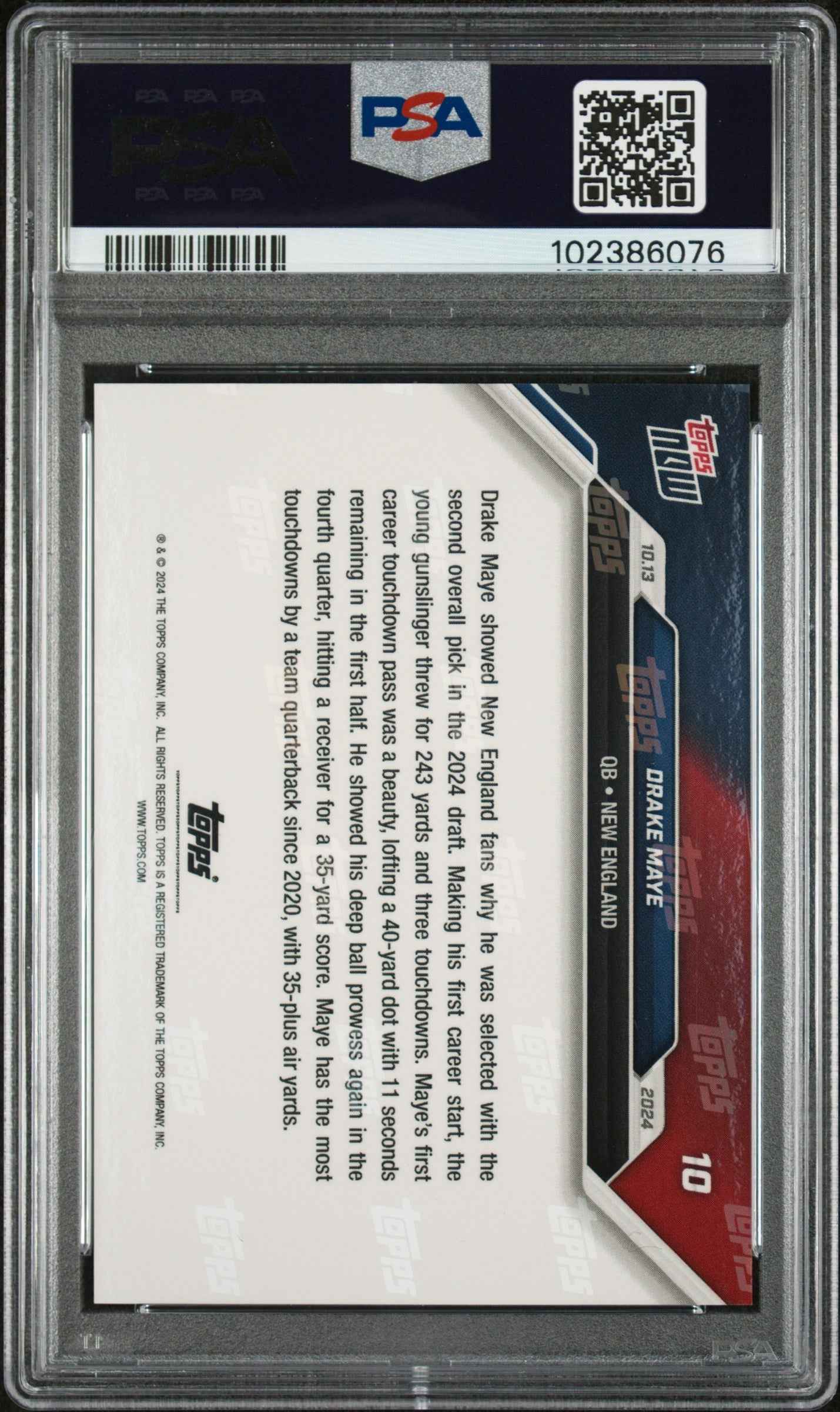 Graded 2024 Topps Now Drake Maye #10 Rockets 3 Touchdown Passes in 1st Career Start Rookie RC Football Card PSA 10 Gem Mint