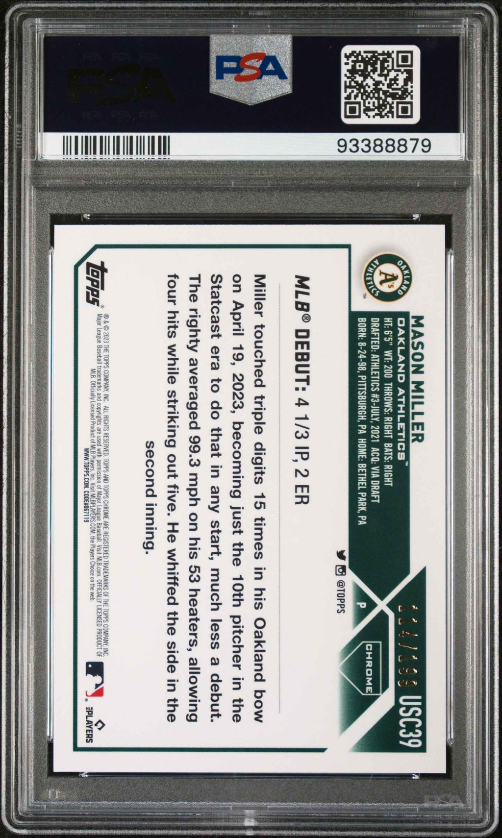 Graded 2023 Topps Chrome Update Mason Miller #USC39 Aqua #/199 Rookie RC Baseball Card PSA 10 Gem Mint