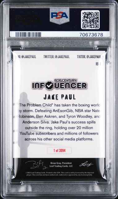 Graded 2022 Leaf Pop Century Jake Paul #IB-1 Influencer Card PSA 10 Gem Mint