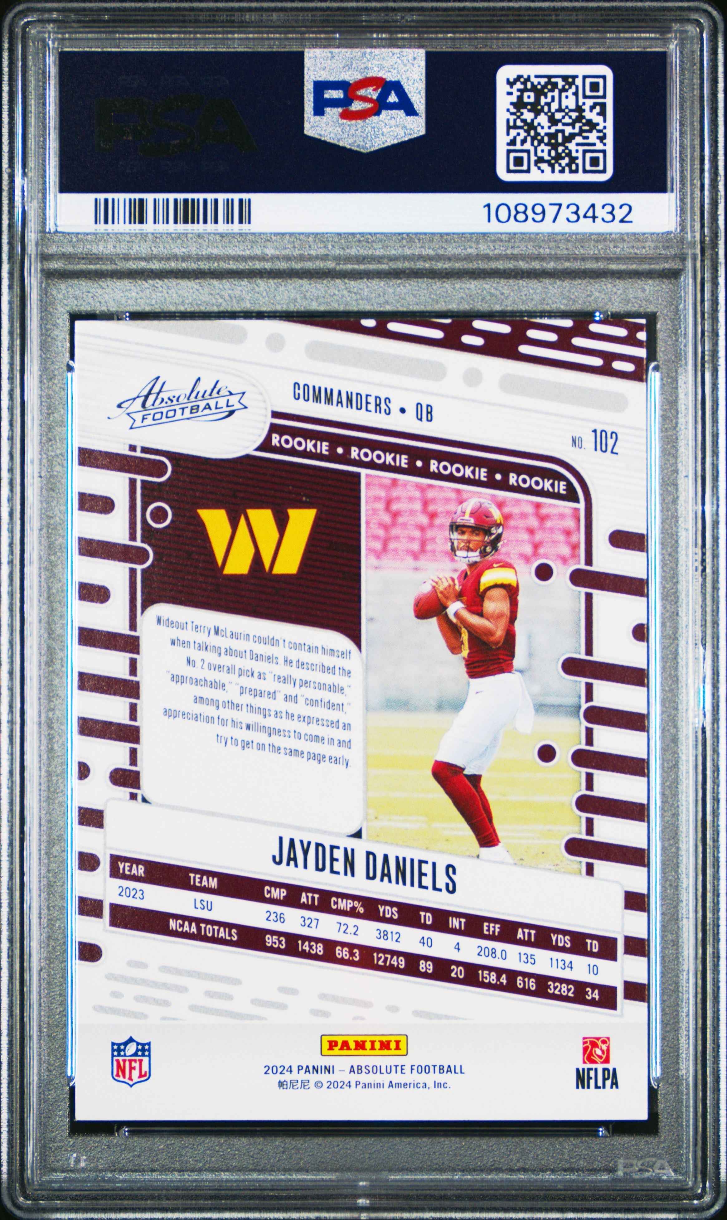 Graded 2024 Panini Absolute Jayden Daniels #102 Orange Rookie RC Football Card PSA 10 Gem Mint