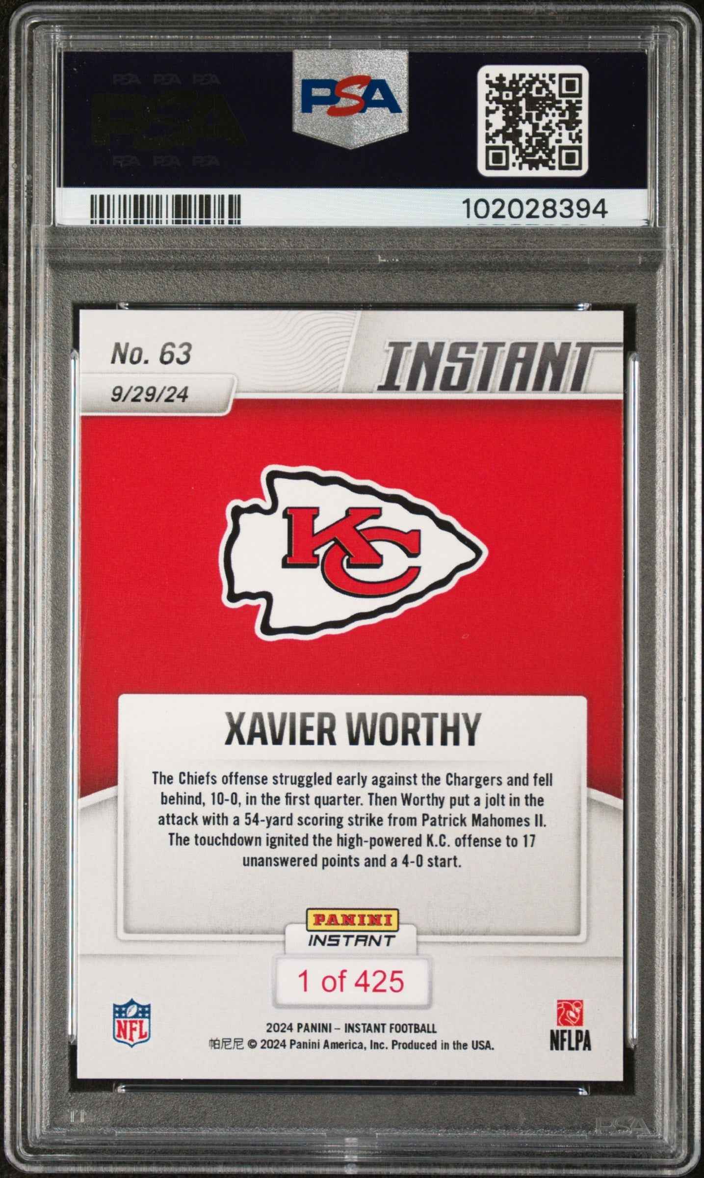 Graded 2024 Panini Instant NFL Xavier Worthy #63 Rookie RC Football Card PSA 10 Gem Mint