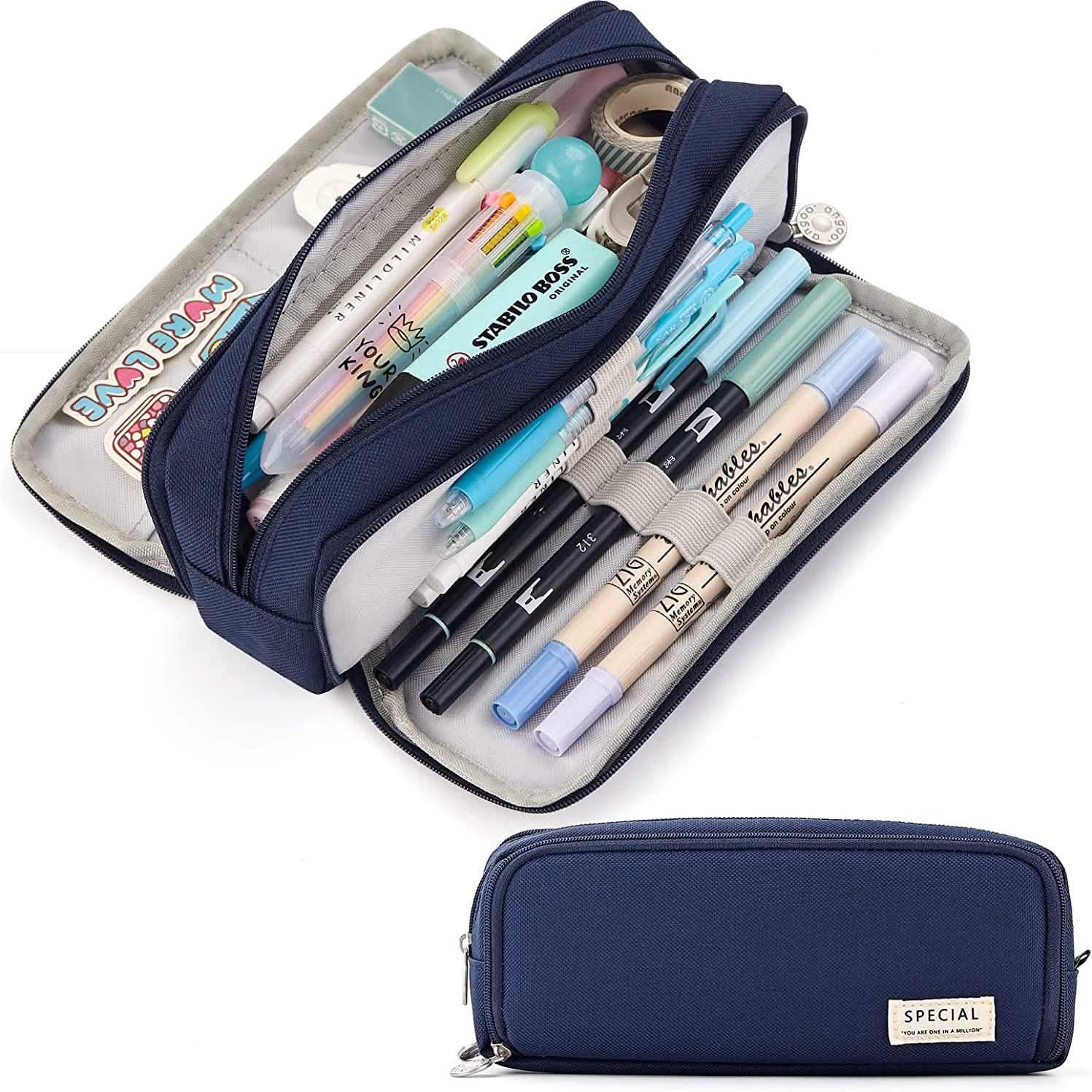 Large Capacity 3 Compartment Pouch Pencil Case