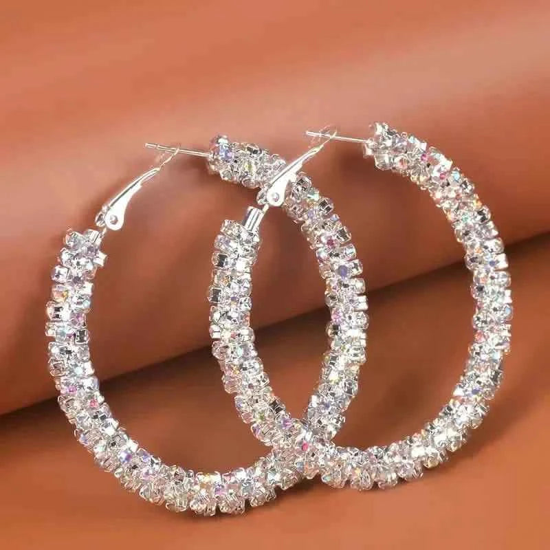 Large Full Rhinestone Silver Hoop Earrings